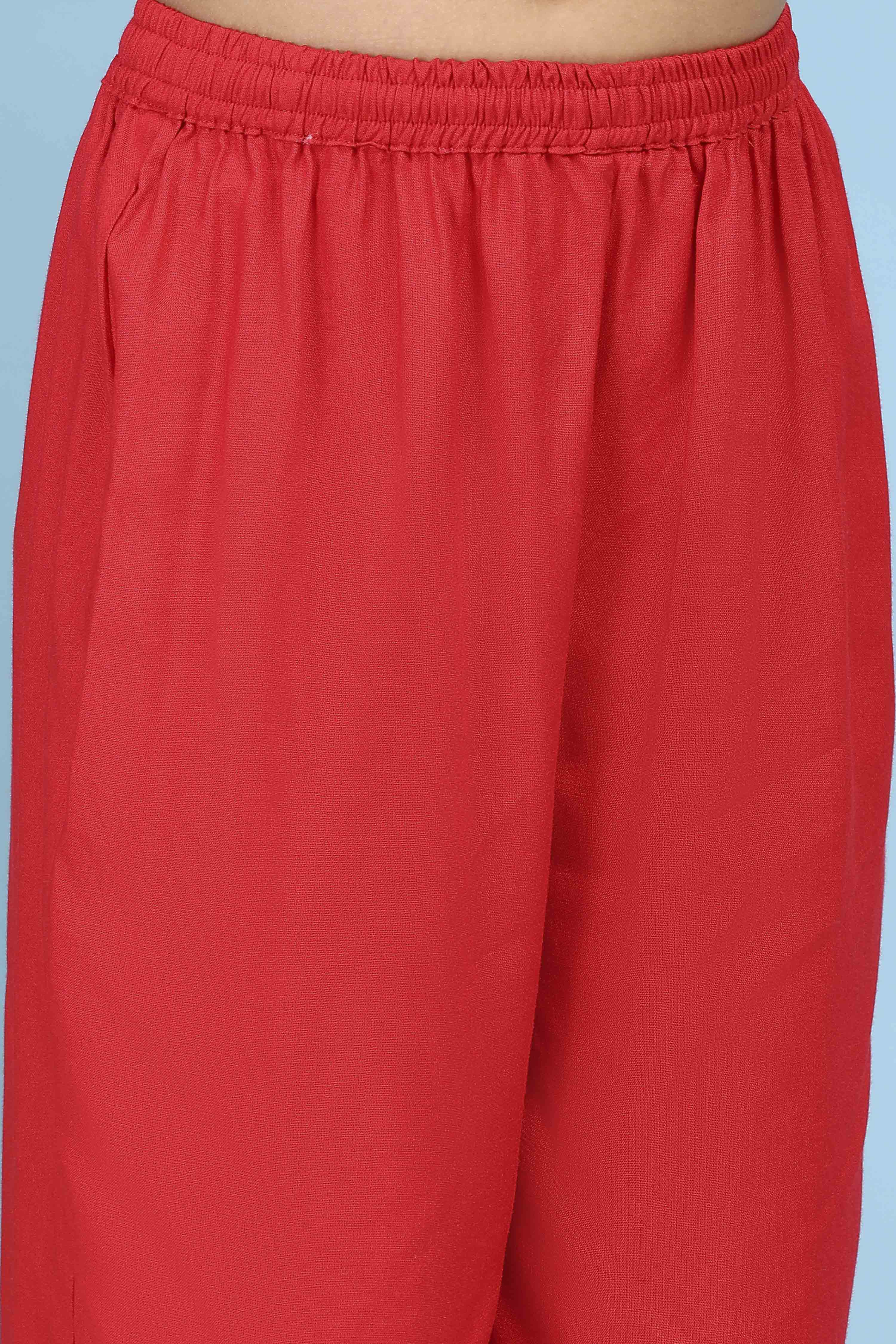 Red Cotton Solid Lace Detail Tiered Suit Set image number 2