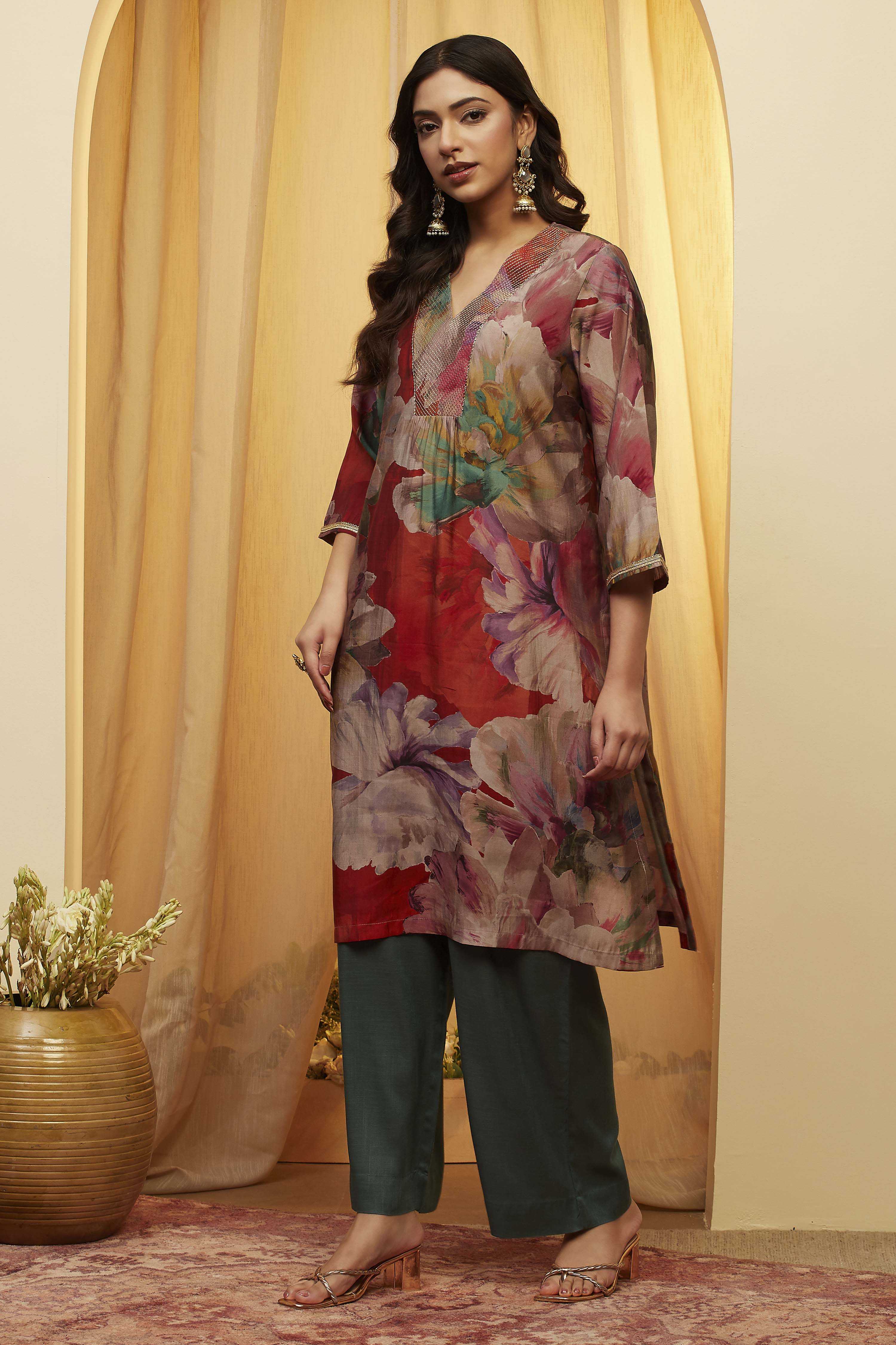 Rust Poly Viscose Straight Kurta image number 2