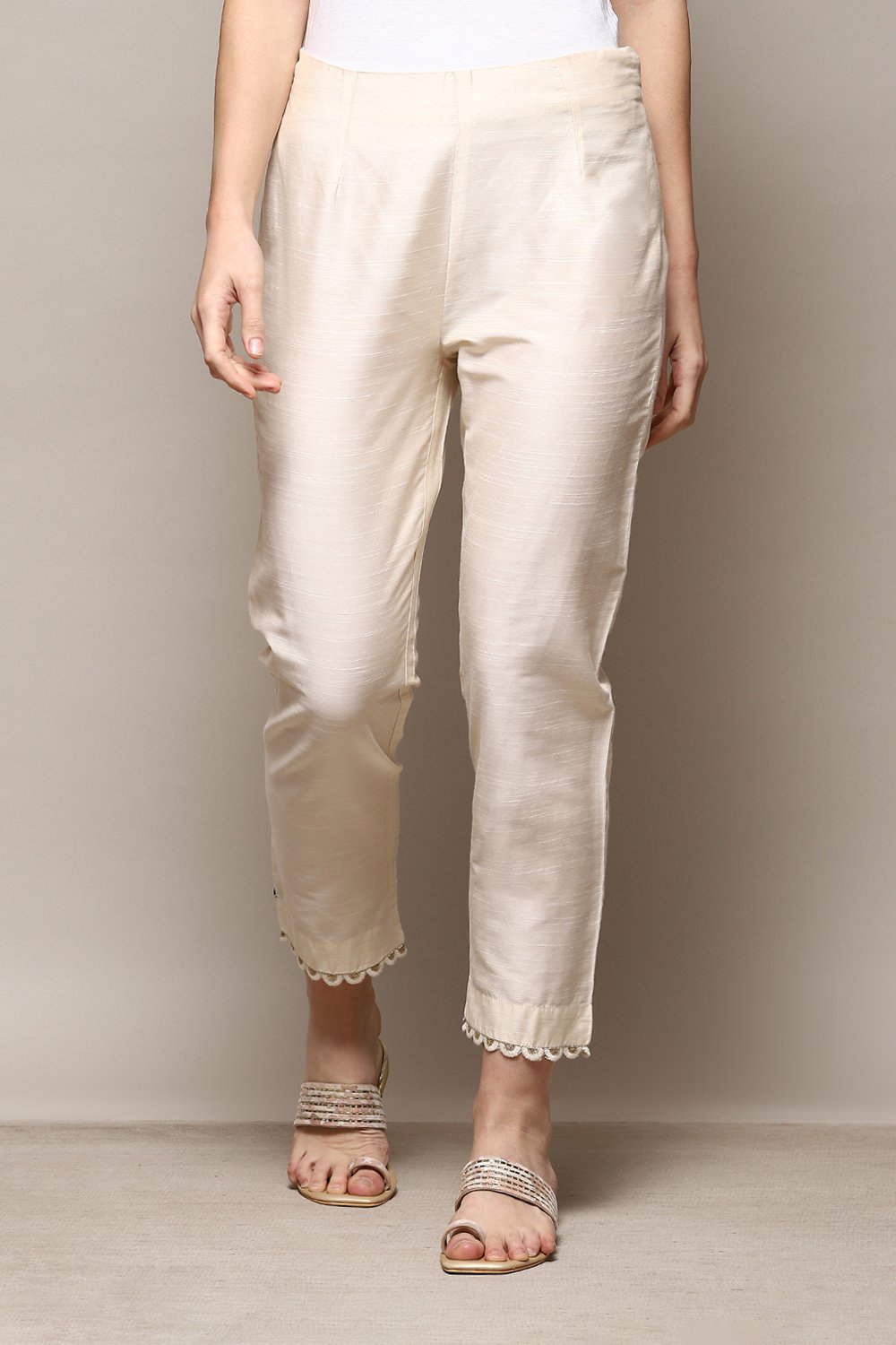 Antique Beige Polyester Slim Yarndyed Pants image number 5