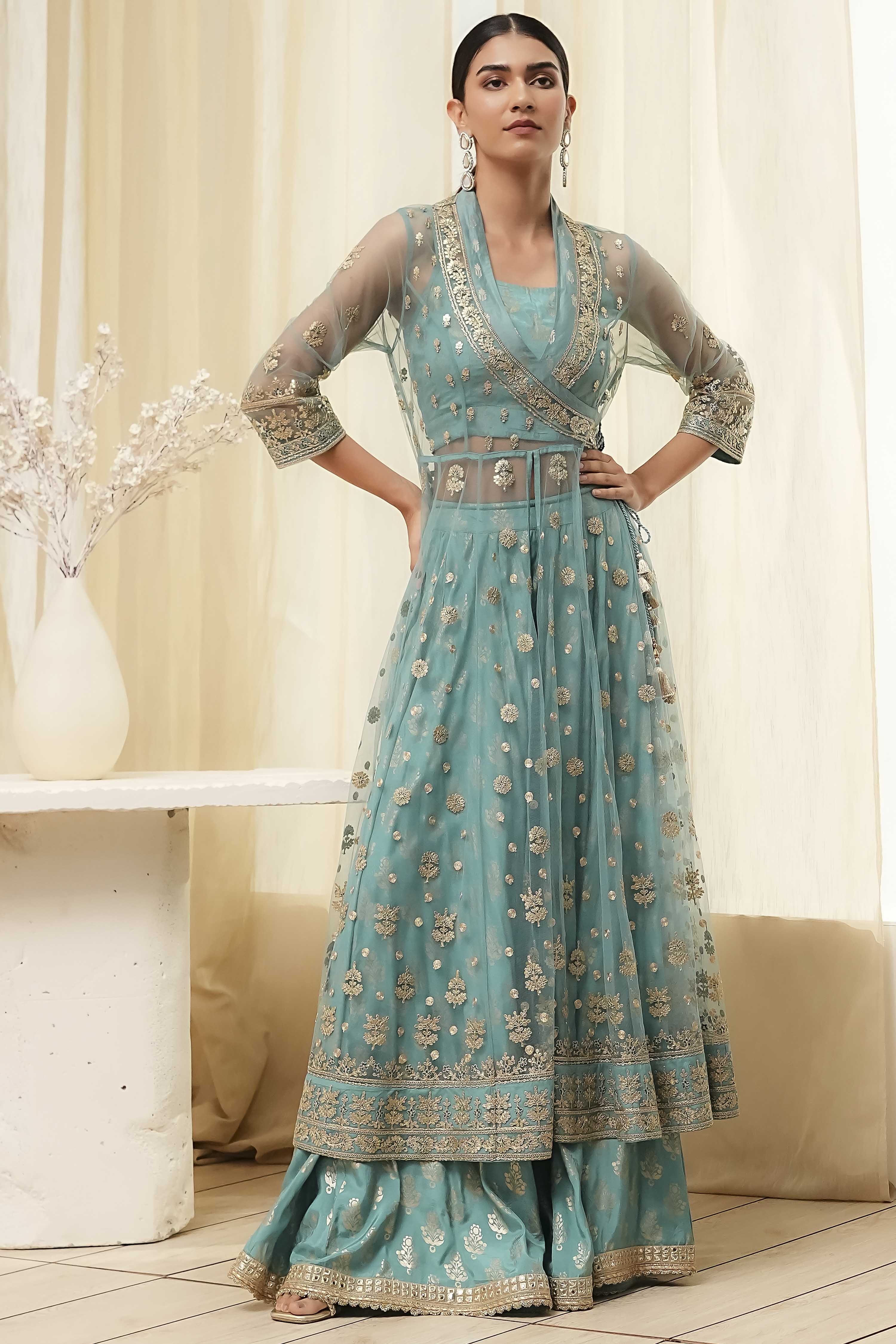 Coral-Pink Polyester Blend Anarkali Lehenga Set image number 0