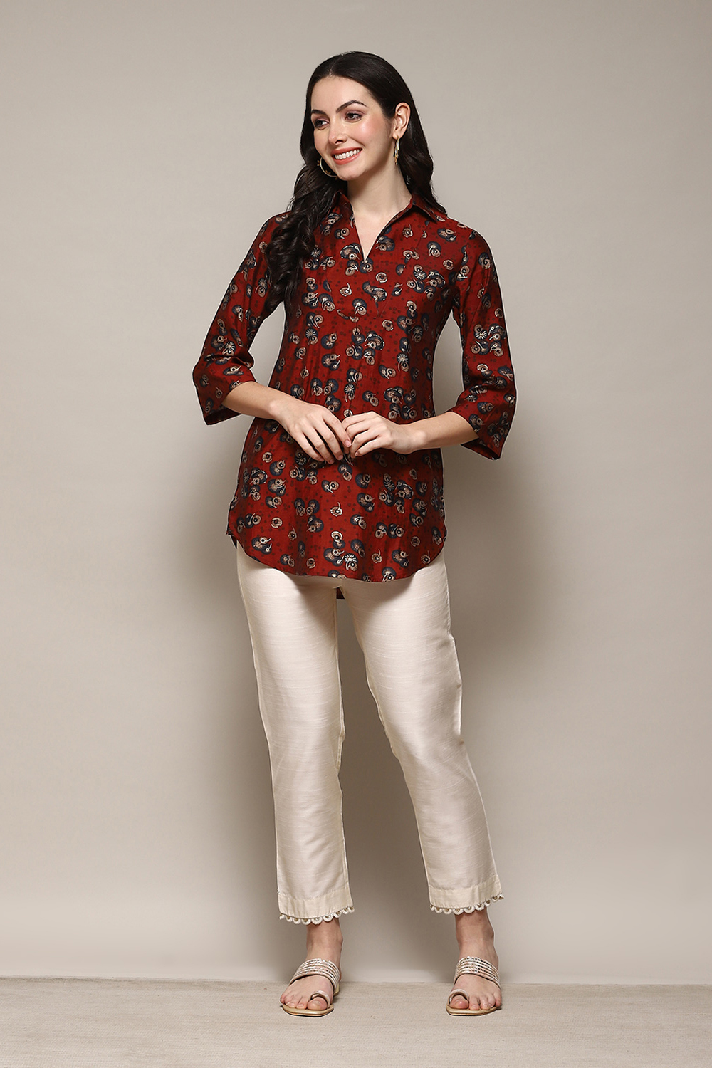 Antique Beige Polyester Slim Yarndyed Pants image number 0