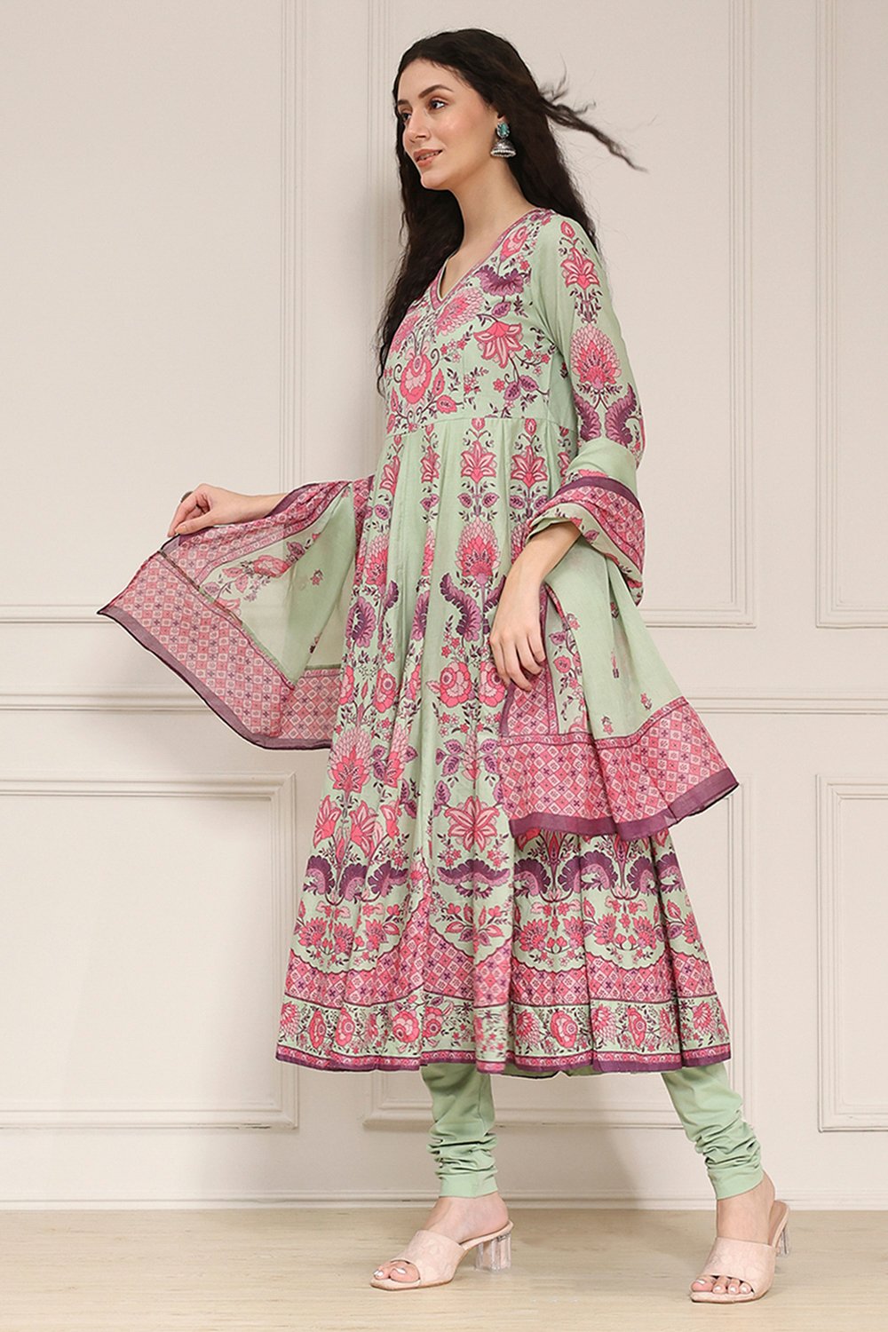 Light Pink Cotton Printed Anarkali Suit Set image number 3