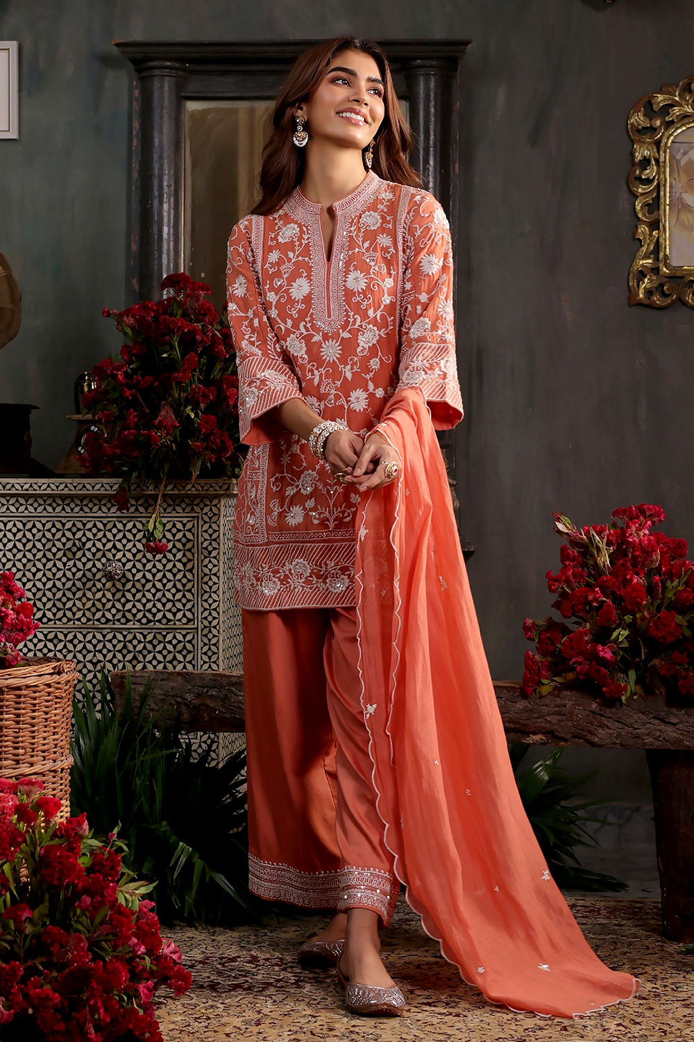 Earthy Blue Chanderi Embroidered Straight Suit Set image number 6