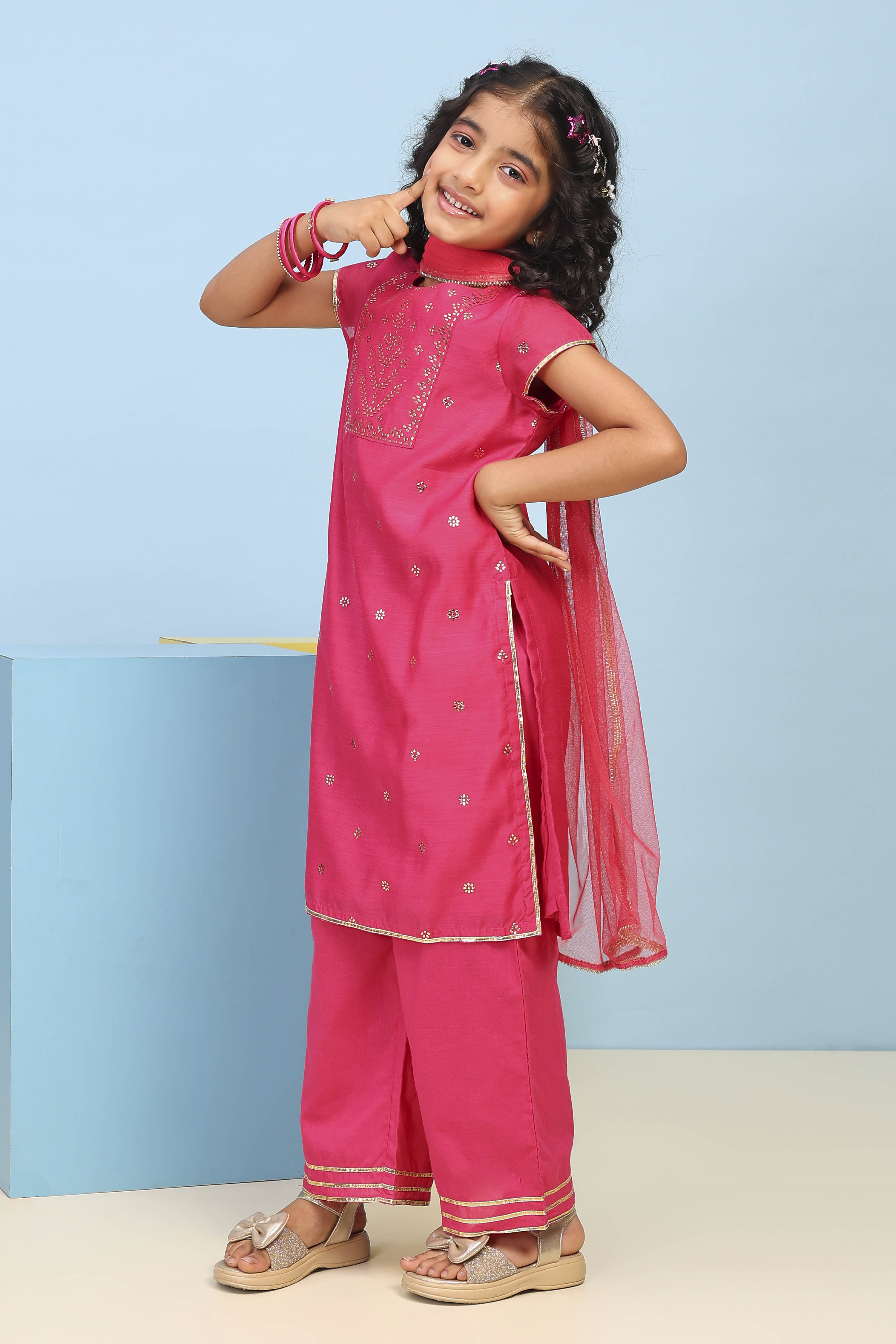 Aqua Polyester Straight Printed Suit Set image number 4