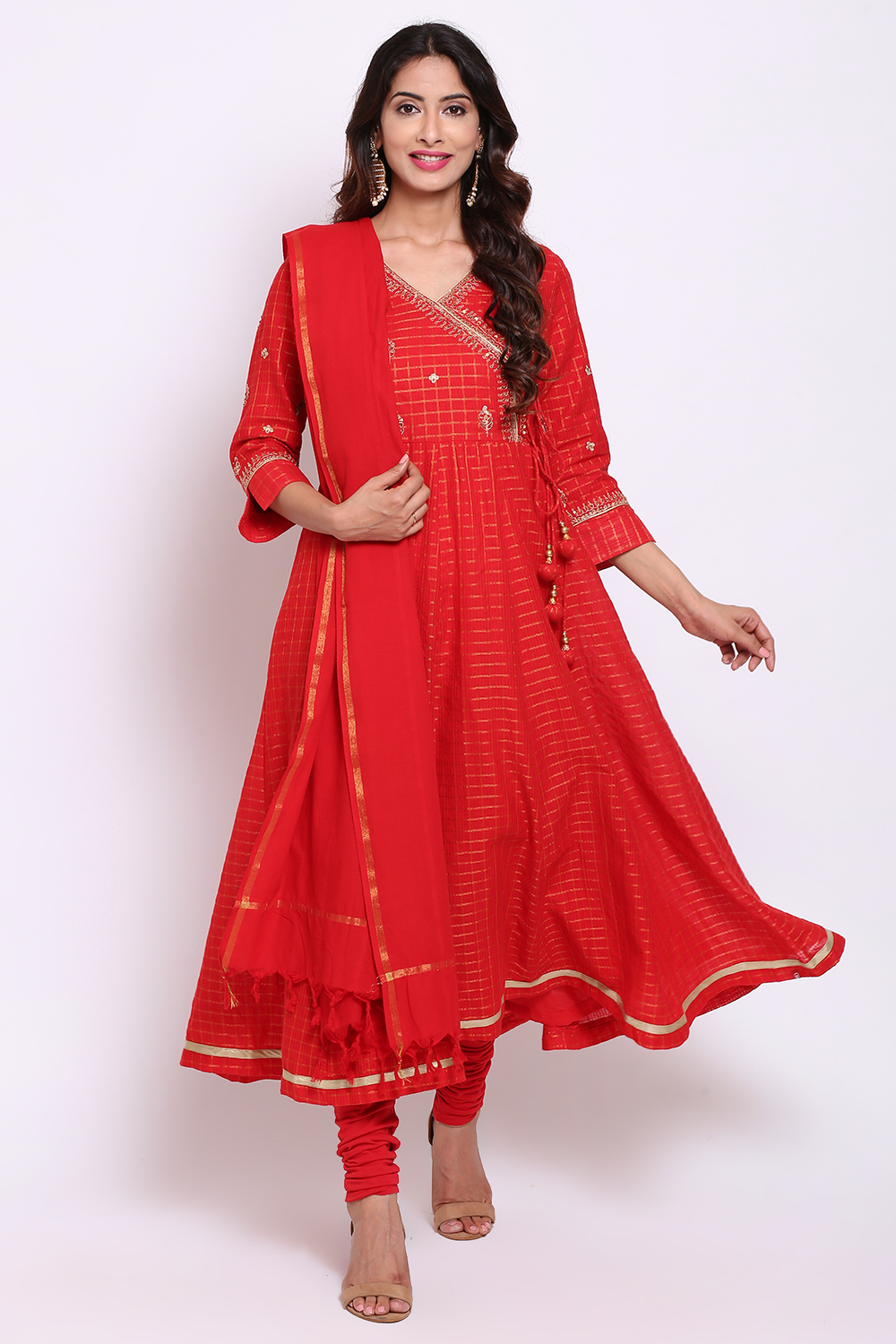 Red Metallic Cotton Anarkali Kurta Churidar Suit Set image number 0
