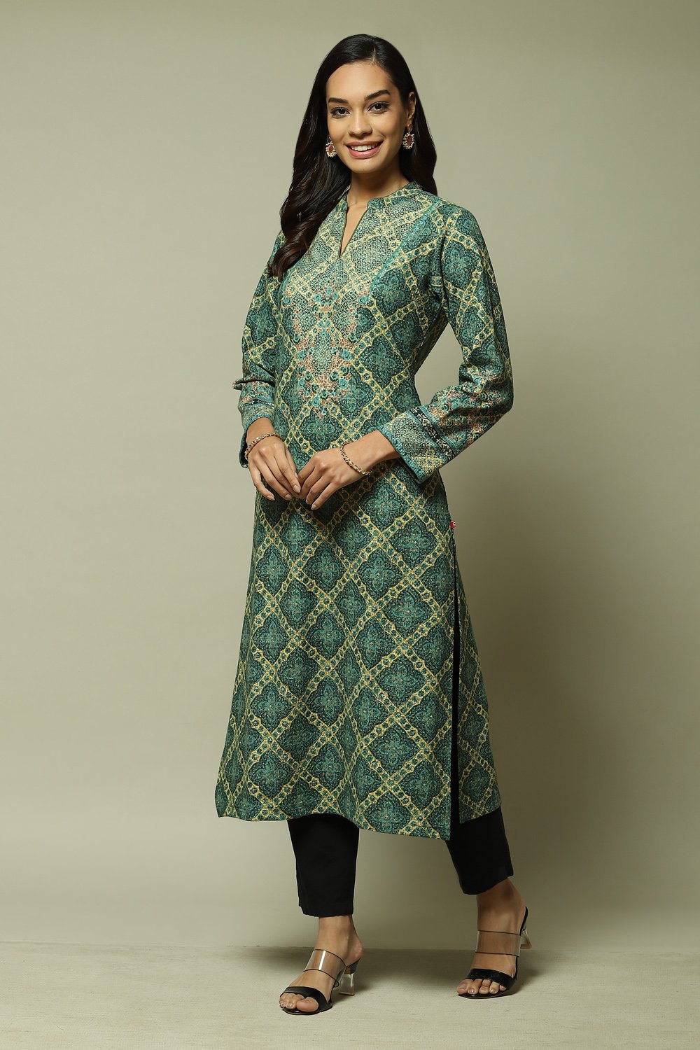 Orange Acrylic Straight Printed Kurta image number 0