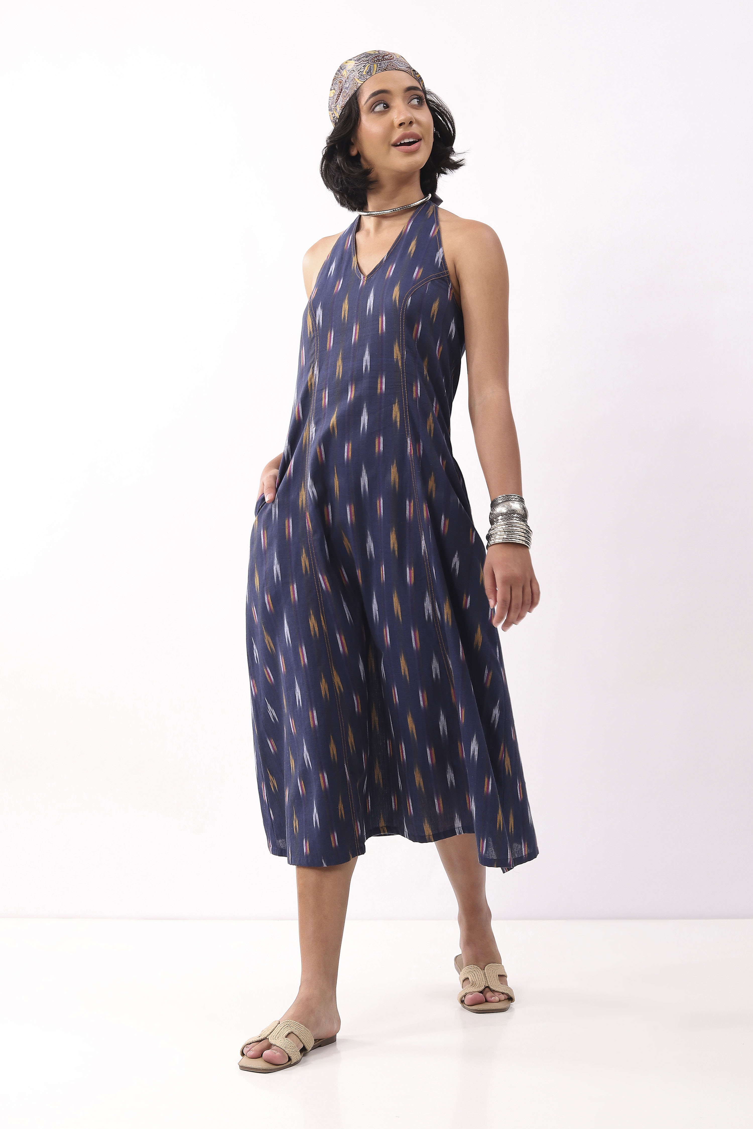 Navy Blue Cotton Abstract A-Line Midi Dress image number 2