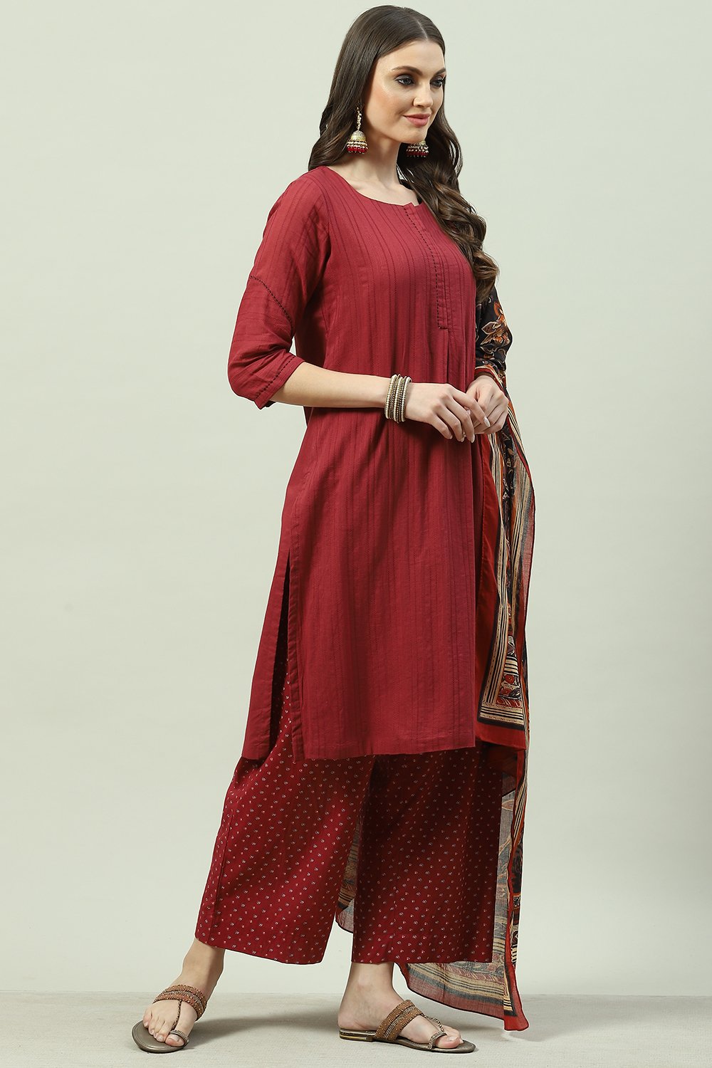 Black Cotton Straight Kurta Palazzo Suit Set image number 3