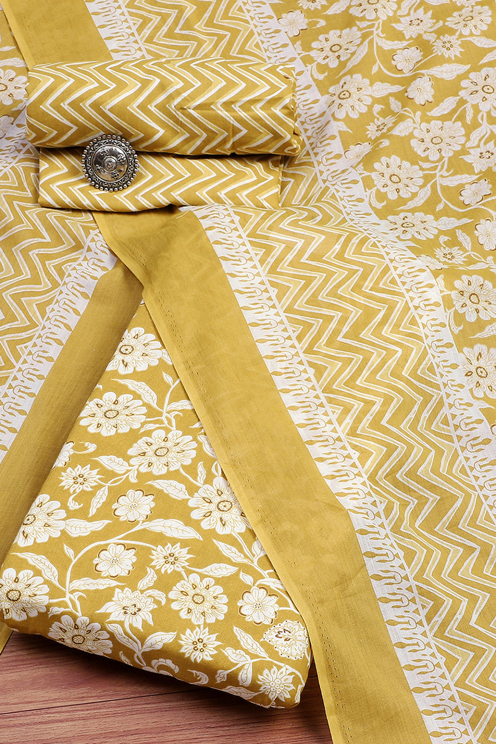 Mustard Cotton Screen Print Unstitched Suit Set image number 0