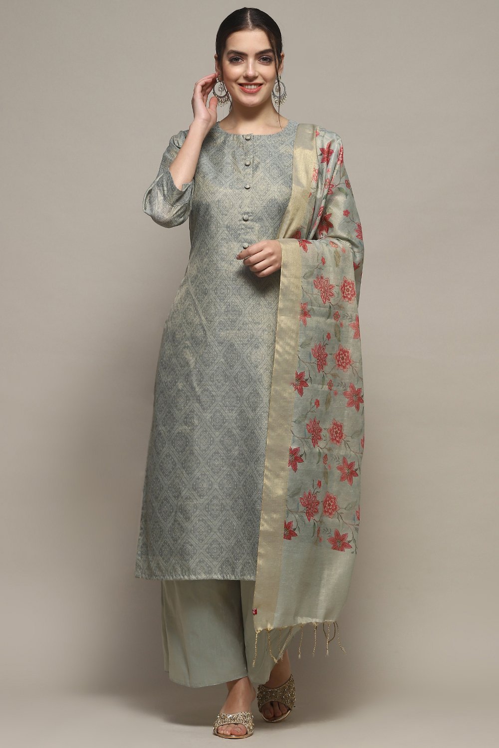 Beige Tissue Unstitched Suit set image number 1