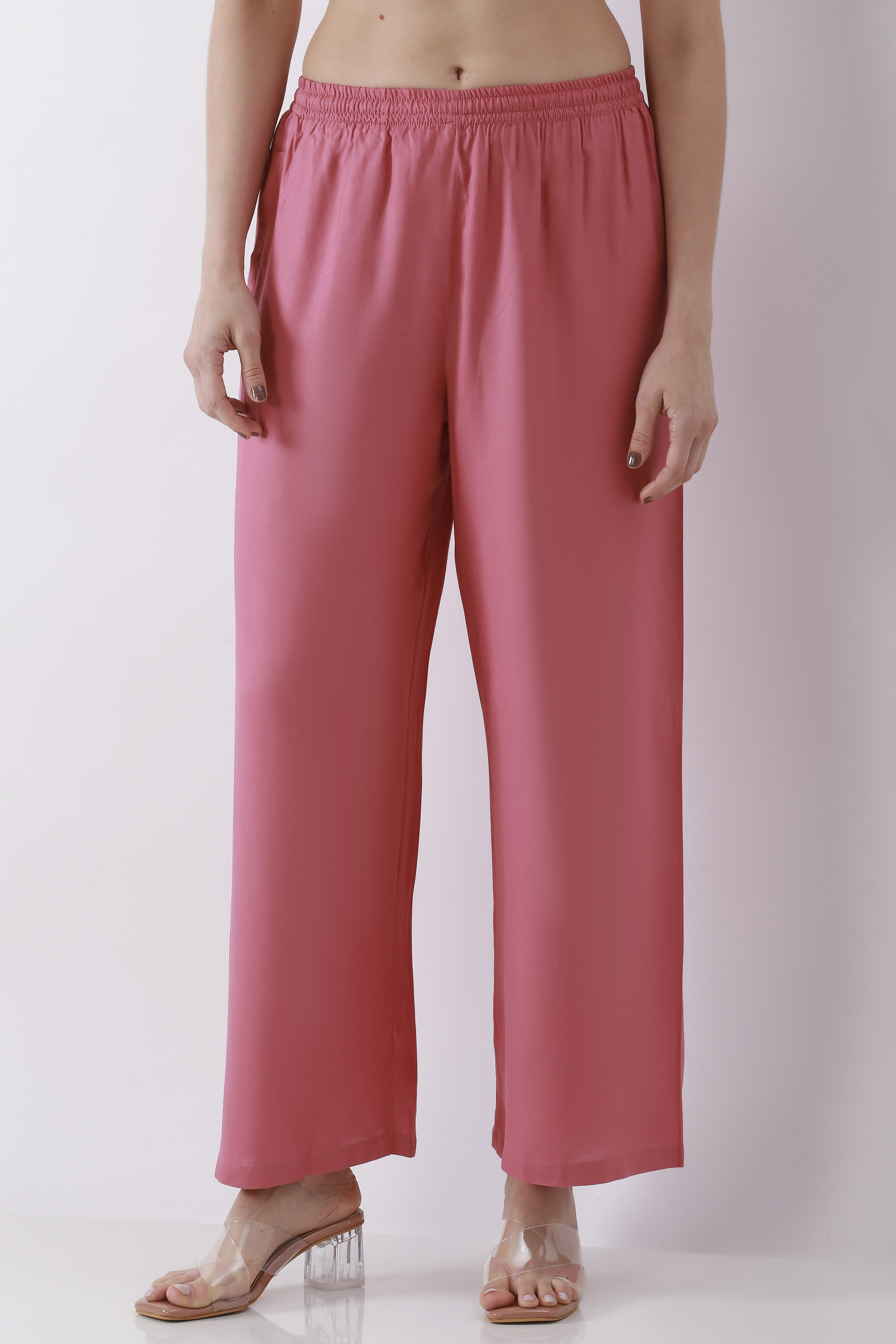 Light Pink Solid Straight Palazzos image number 4