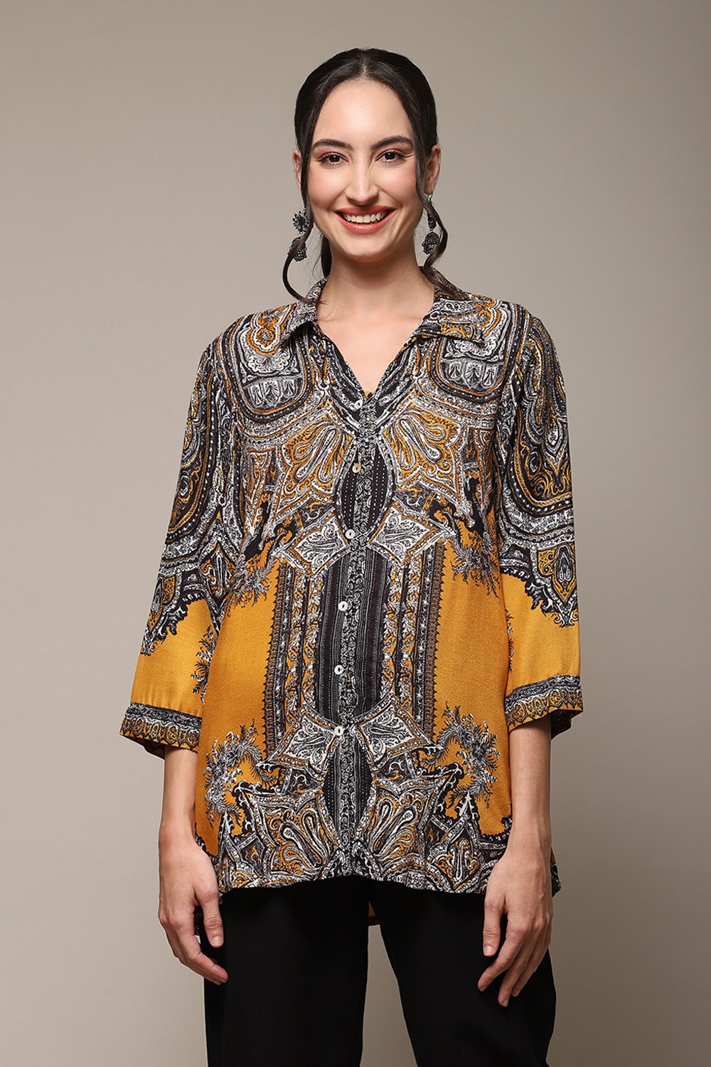 Mustard LIVA Straight Printed Shirt image number 5