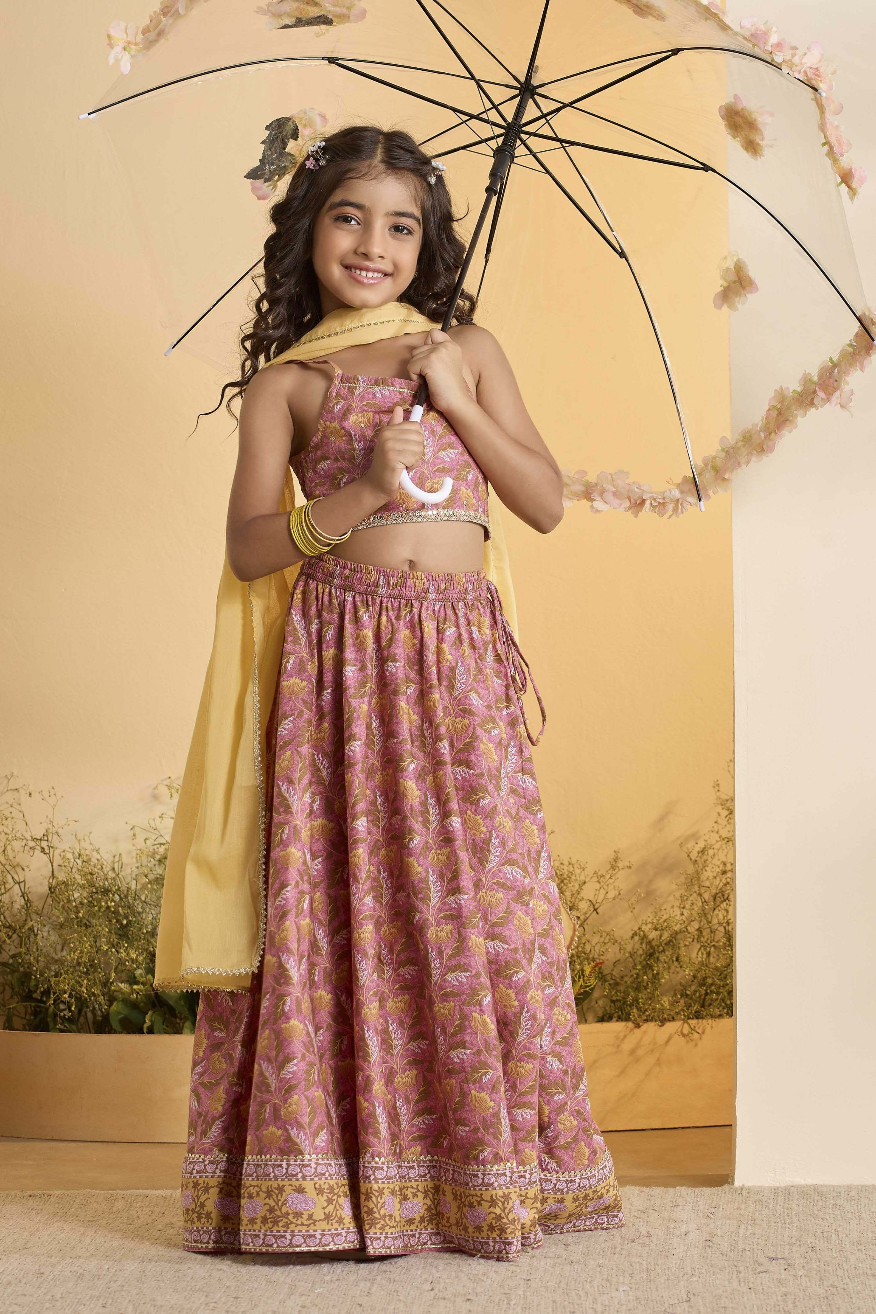 Peach Cotton Printed Gathered Lehenga Set image number 0