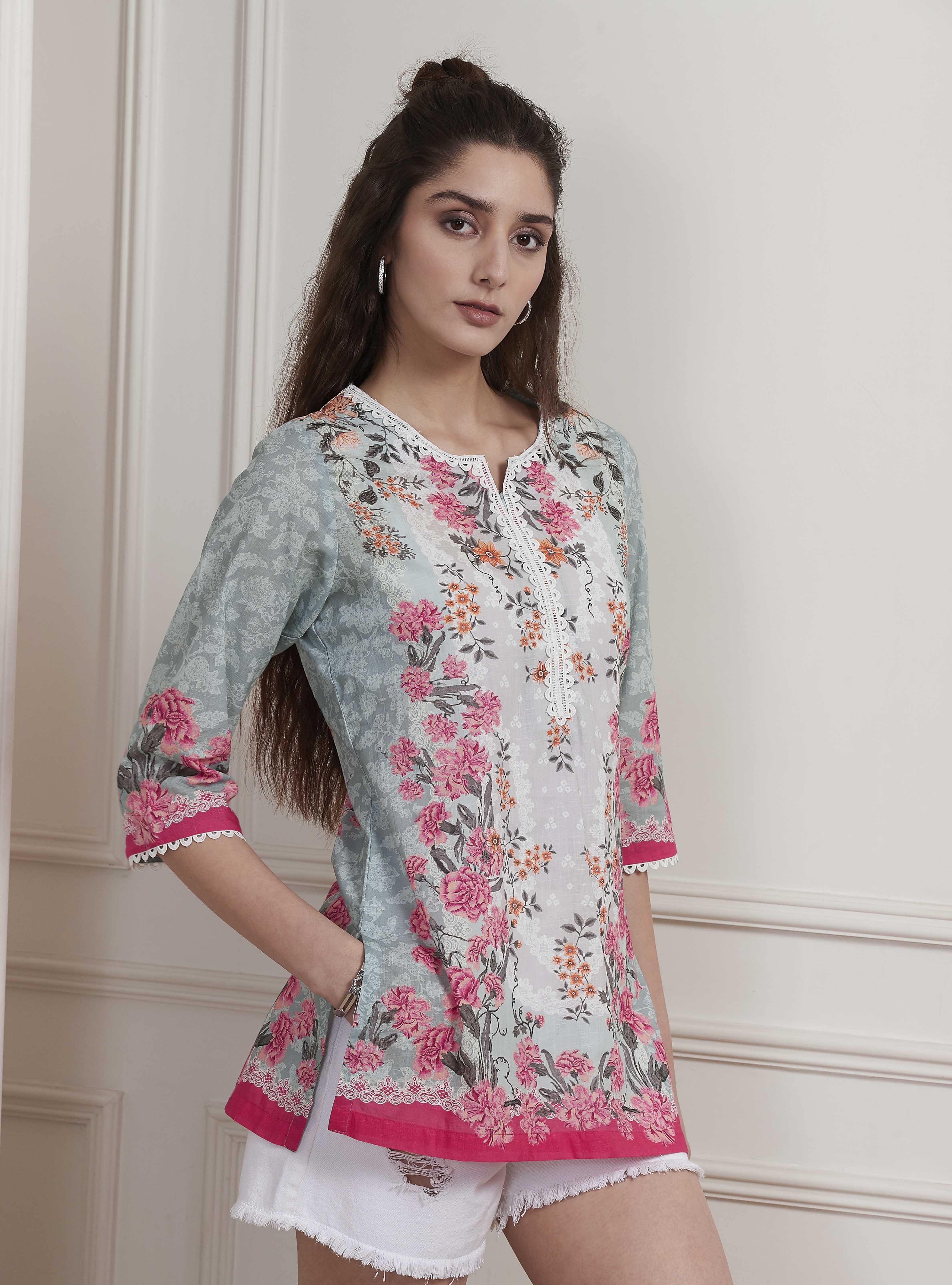 Blue Cotton Printed Straight Short Kurta image number 4