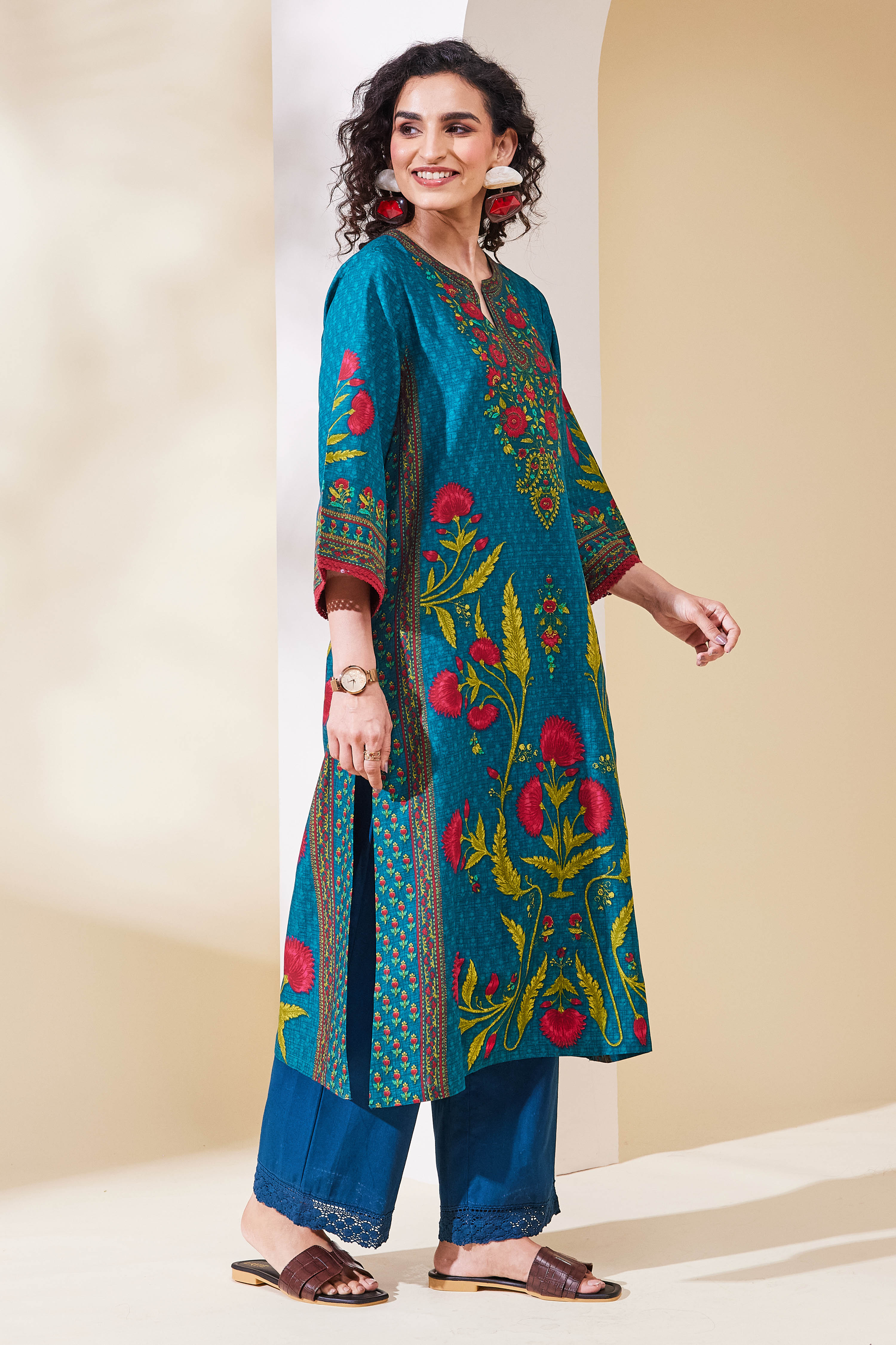 Teal Blue Cotton Printed Straight Kurta image number 4