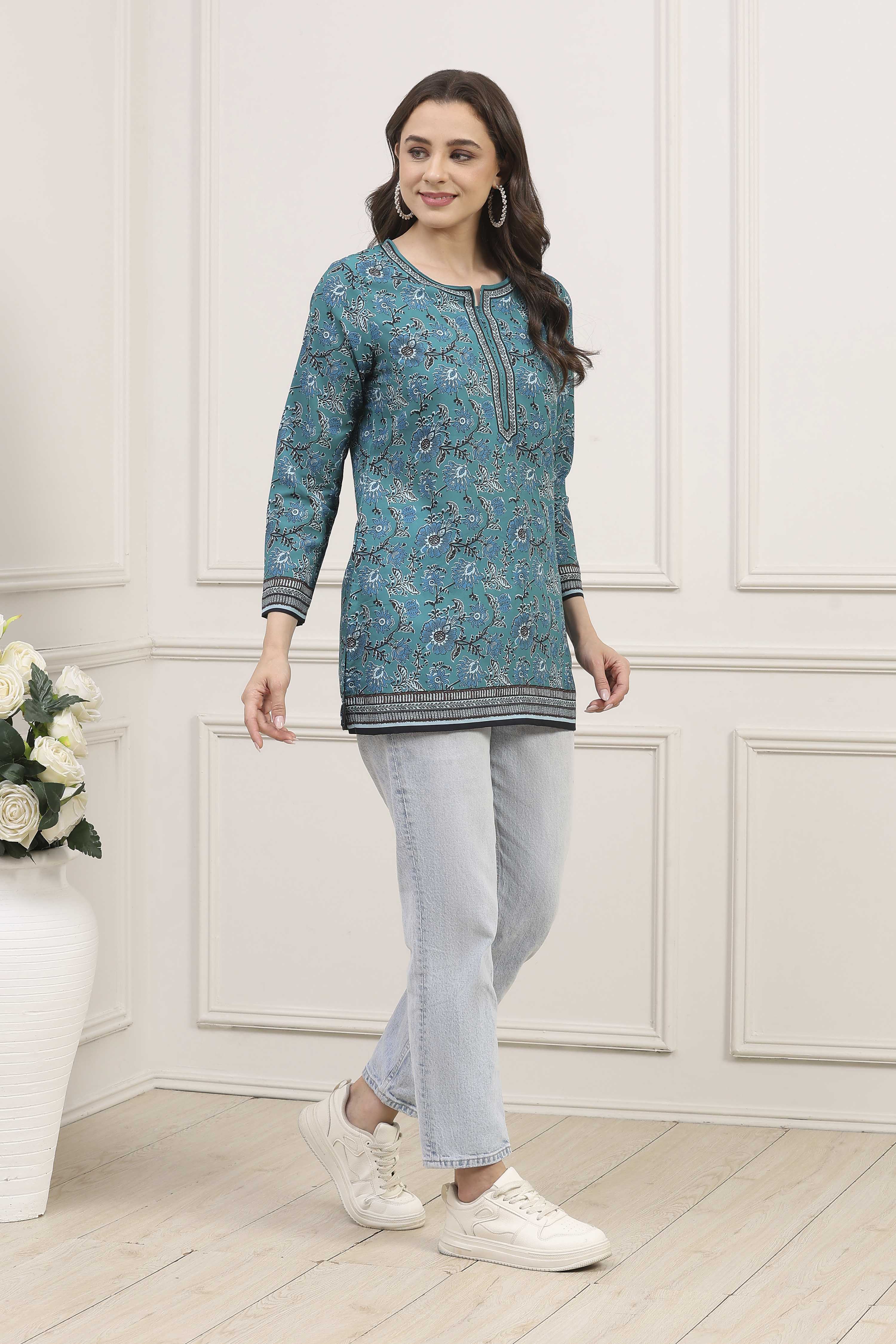Blue Polyester Printed Straight Kurti image number 4