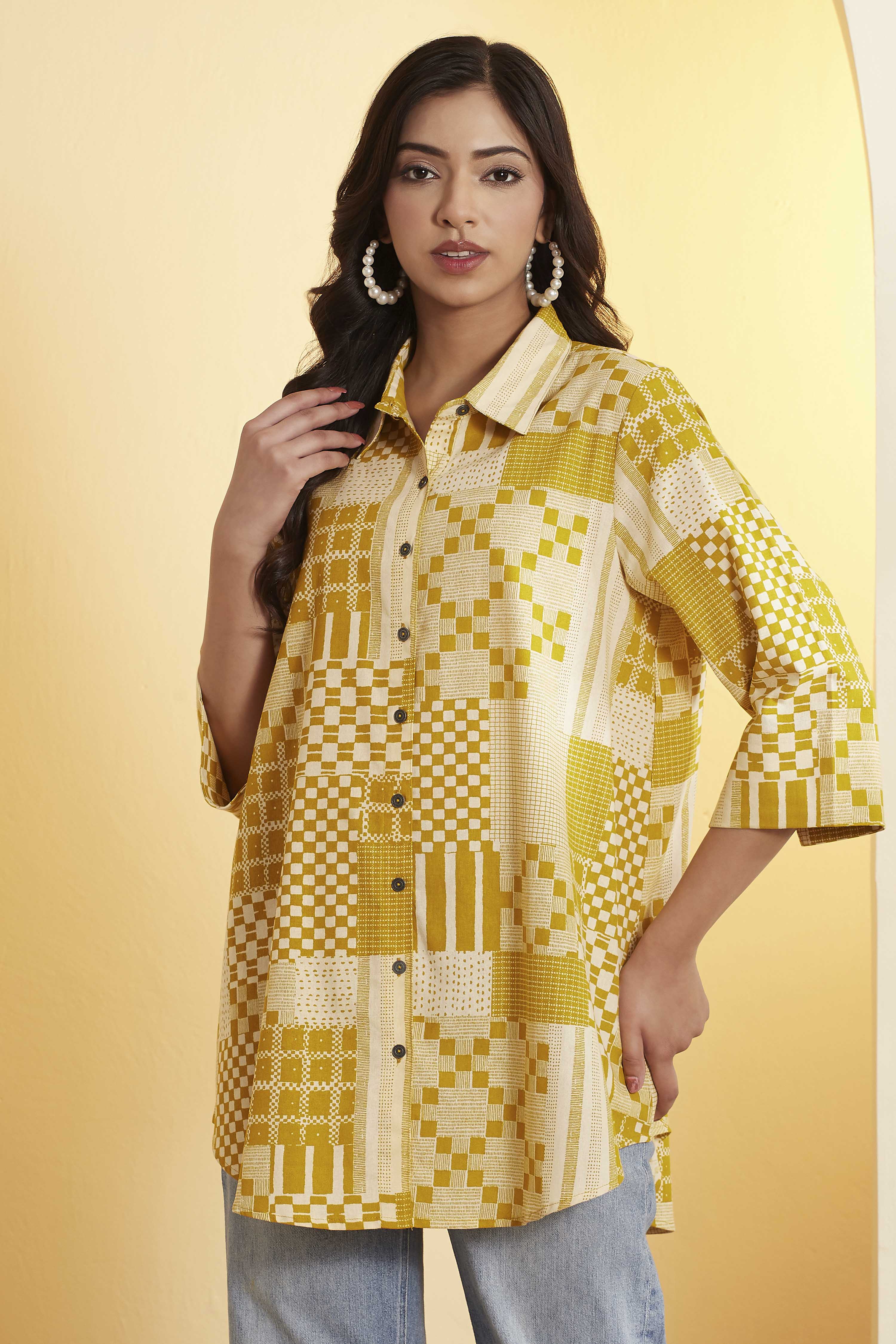 Navy Blue Cotton Checked A-Line Shirt Style Kurta image number 5