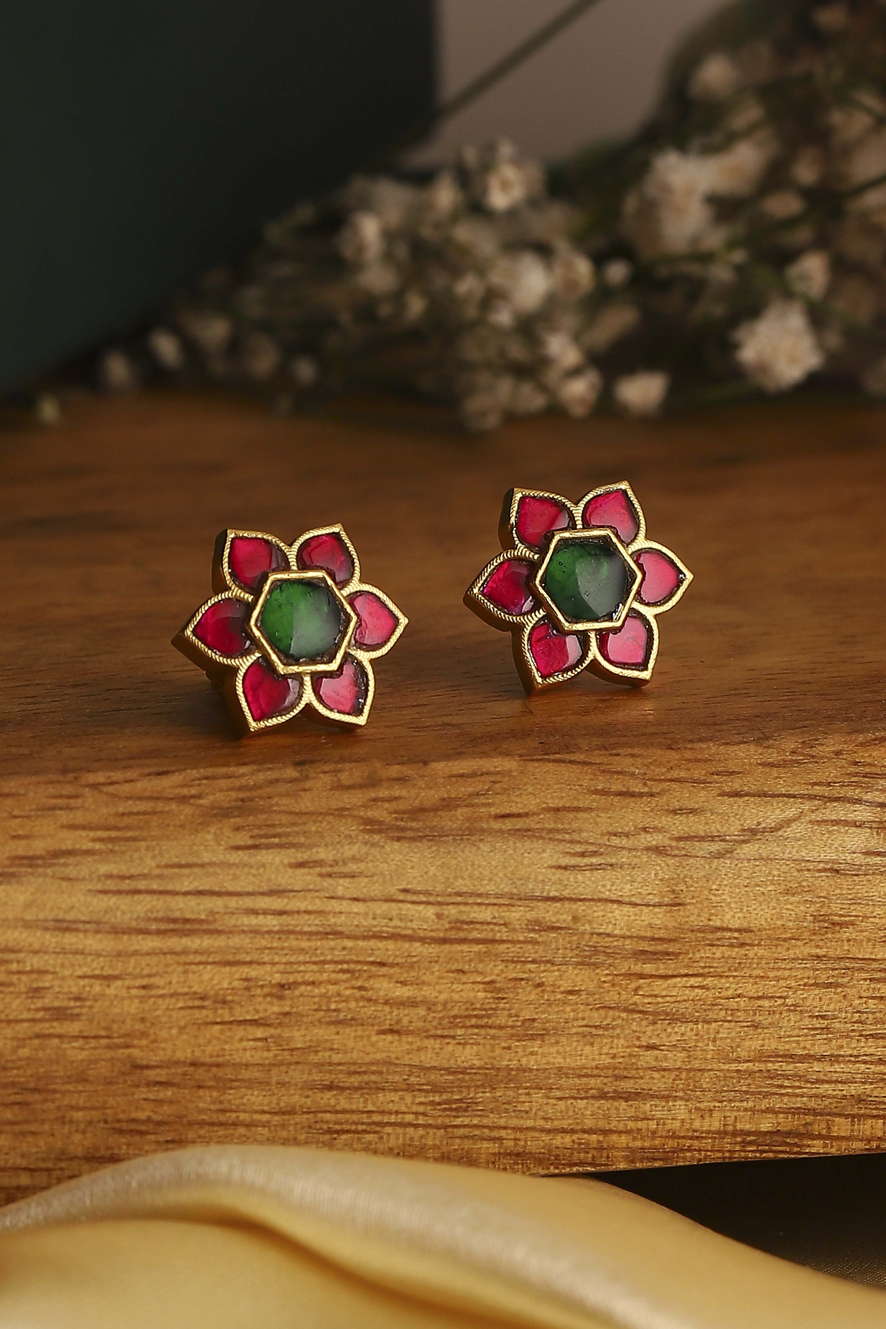 Pink & Green Gold Plated Brass Floral Stud Earrings image number 0