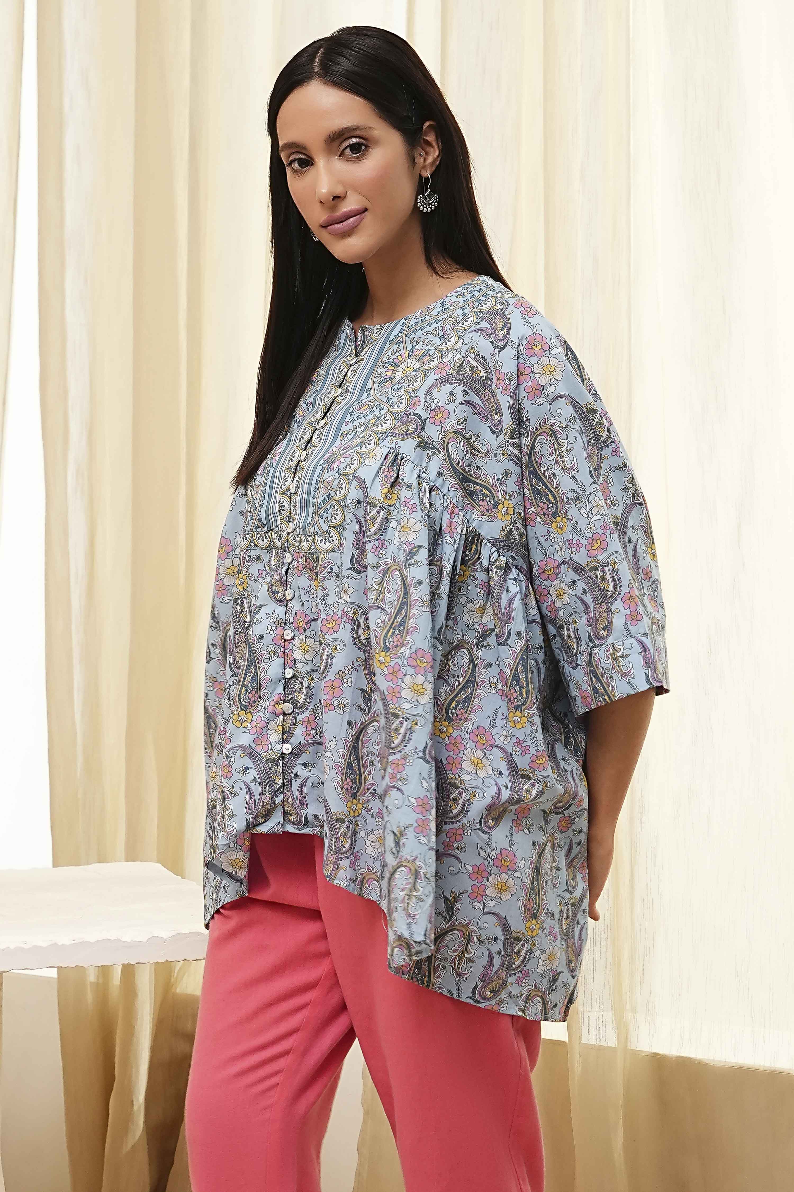 Dull Blue Cotton Flared Short Kurta image number 2