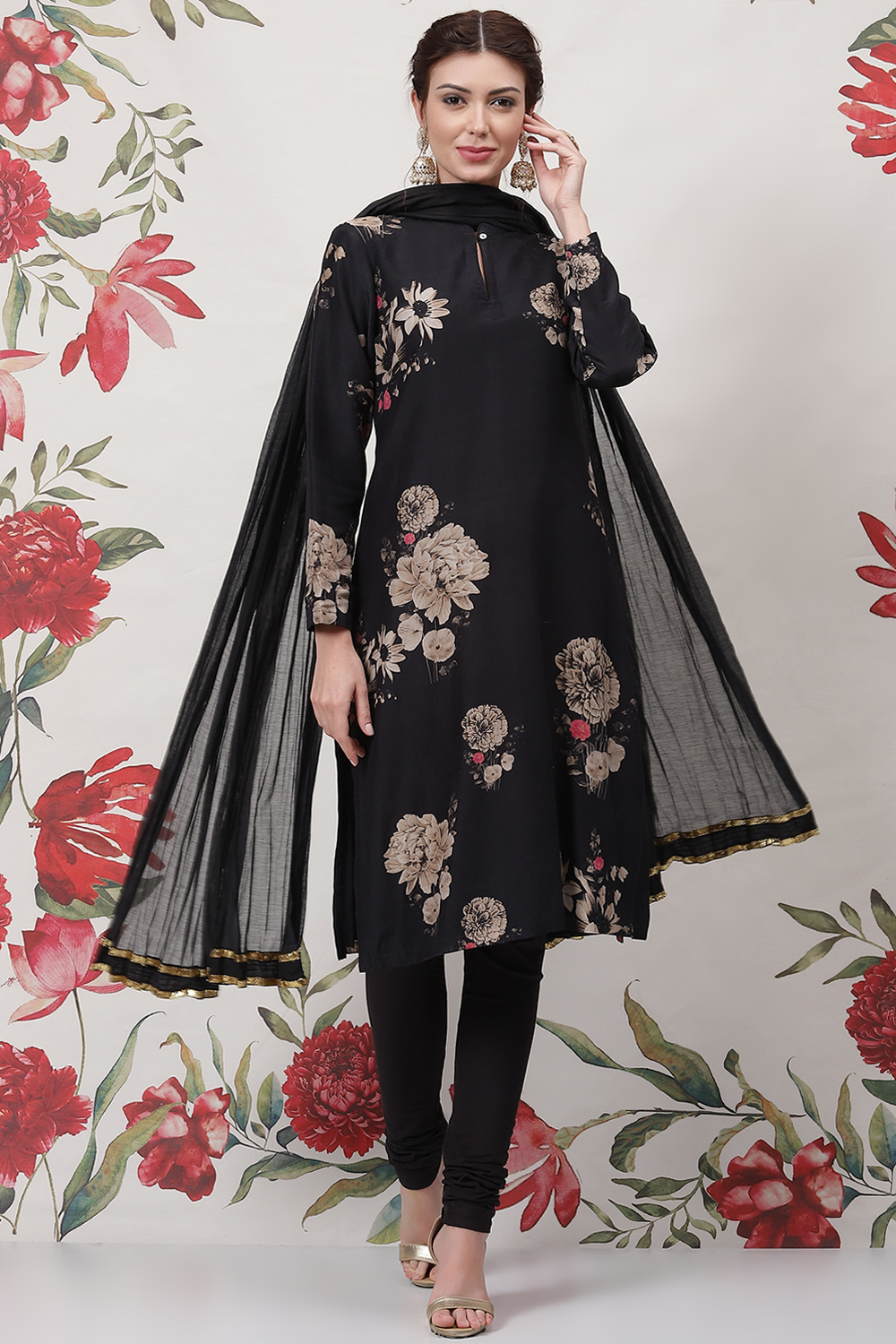 Black Silk & Cotton Straight Kurta Suit Set image number 7