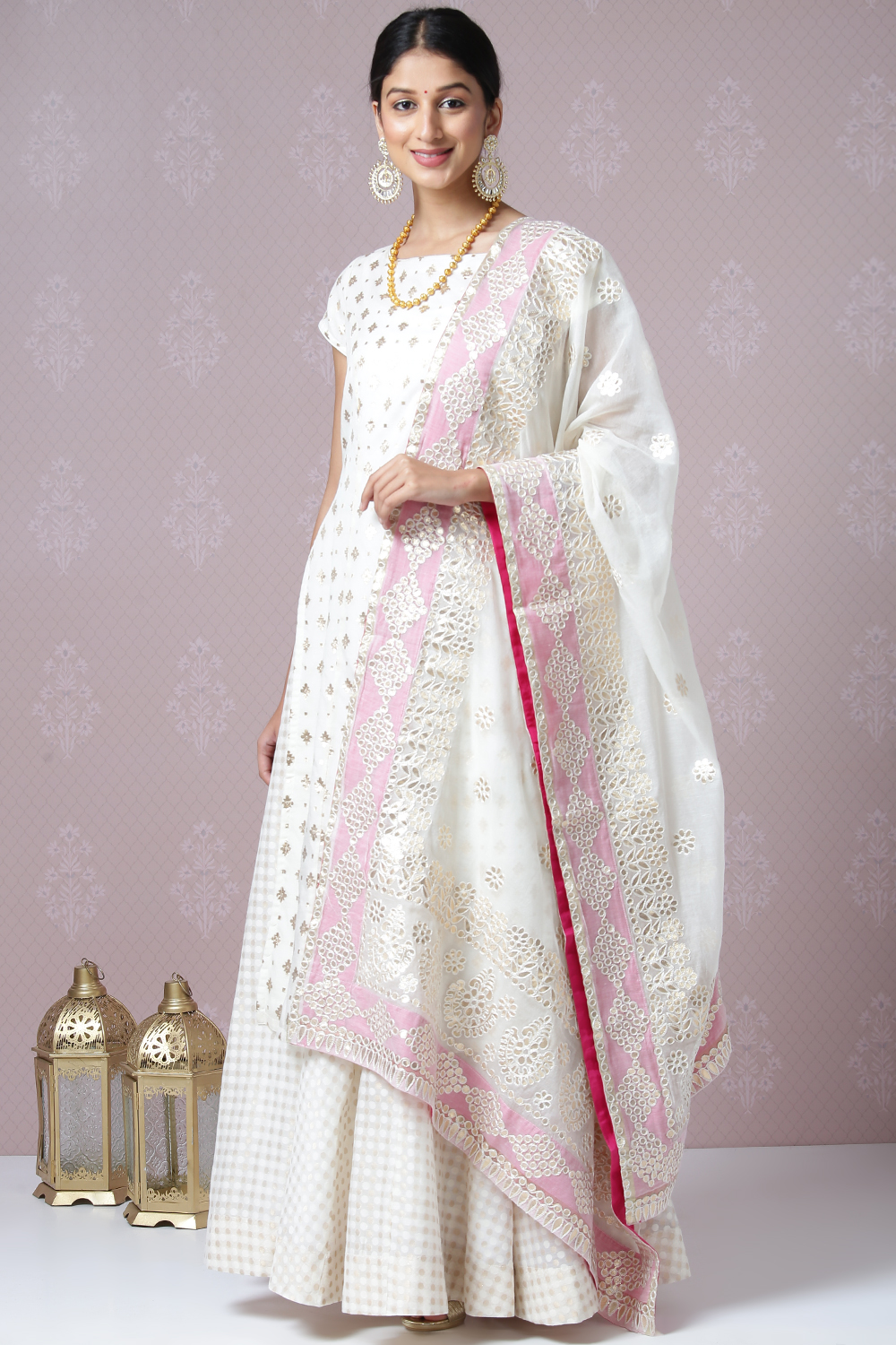Off White Poly Metallic Cotton Straight Kurta Skirt Suit Set image number 4