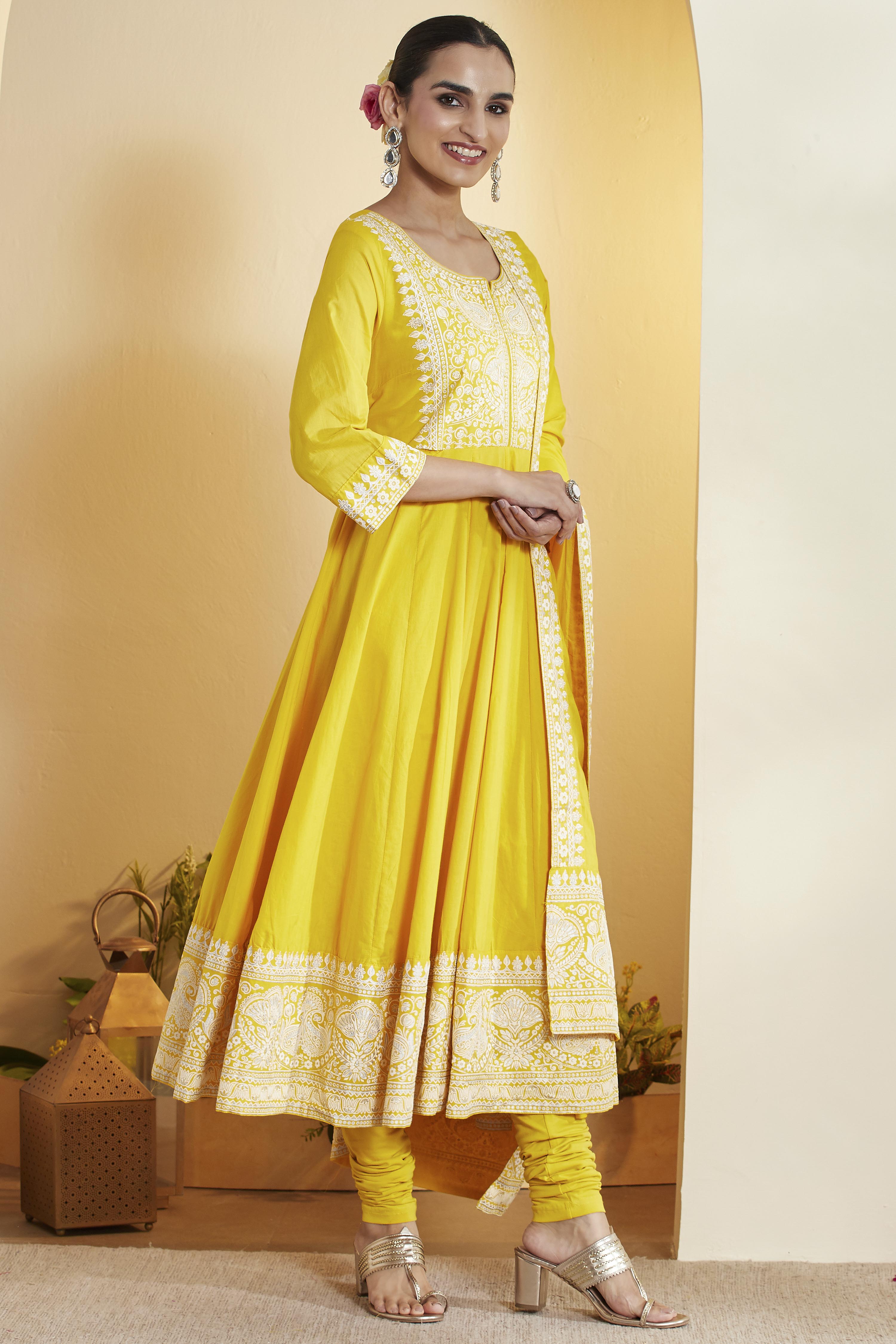 Yellow Cotton Floral Printed Anarkali Kurta Set image number 5