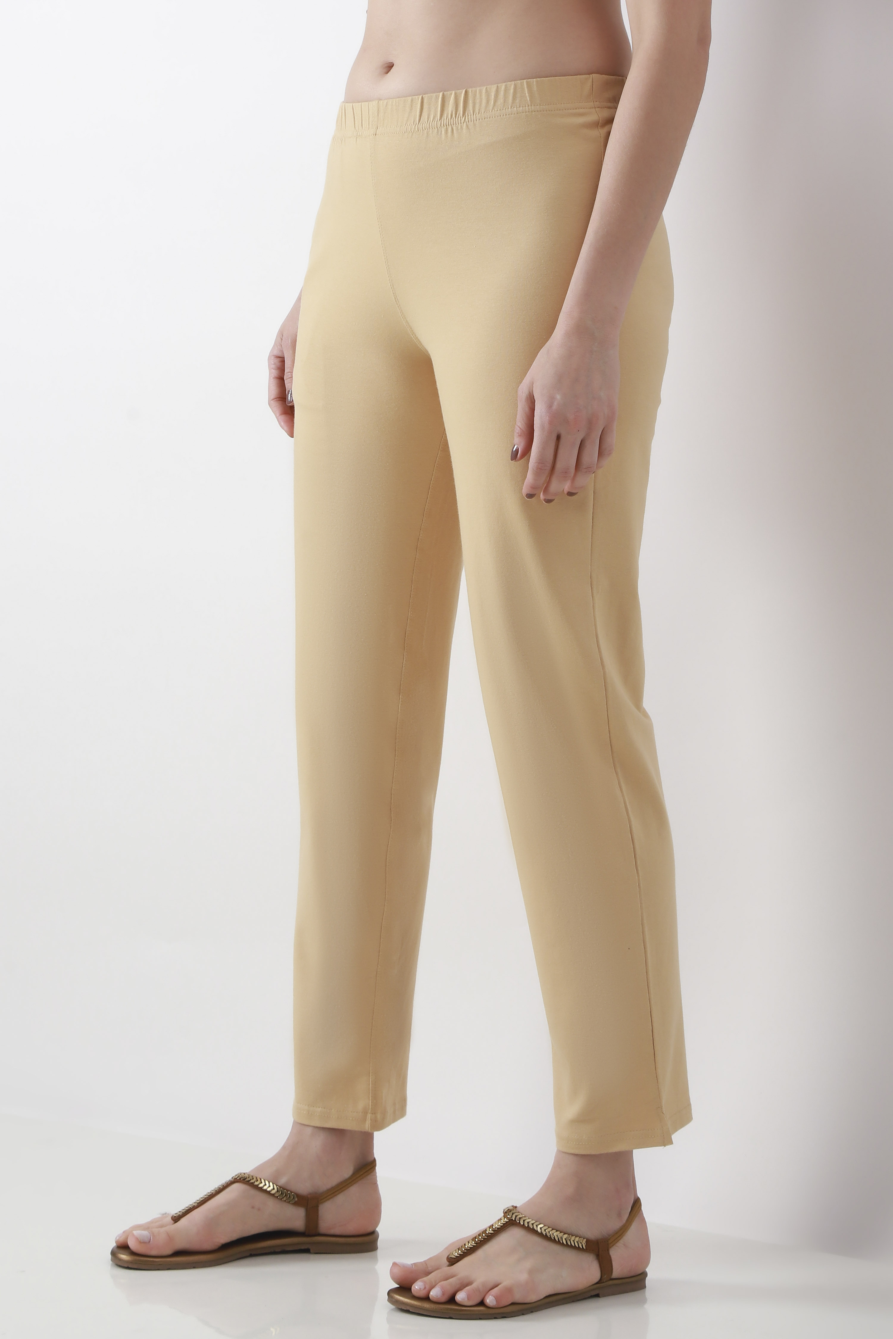 Beige Cotton Lycra Straight Pants image number 2