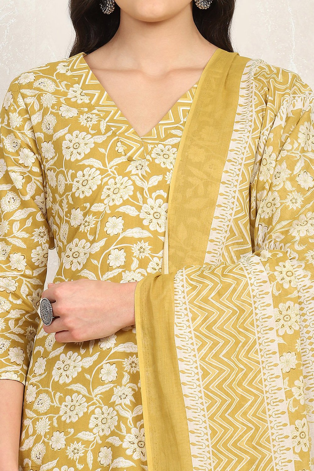 Mustard Cotton Screen Print Unstitched Suit Set image number 2