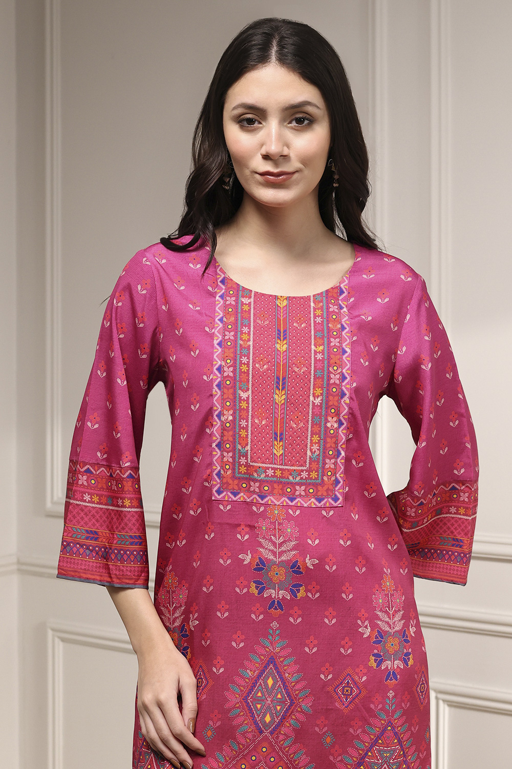 Pink Viscose Rayon Straight Printed Suit Set image number 1