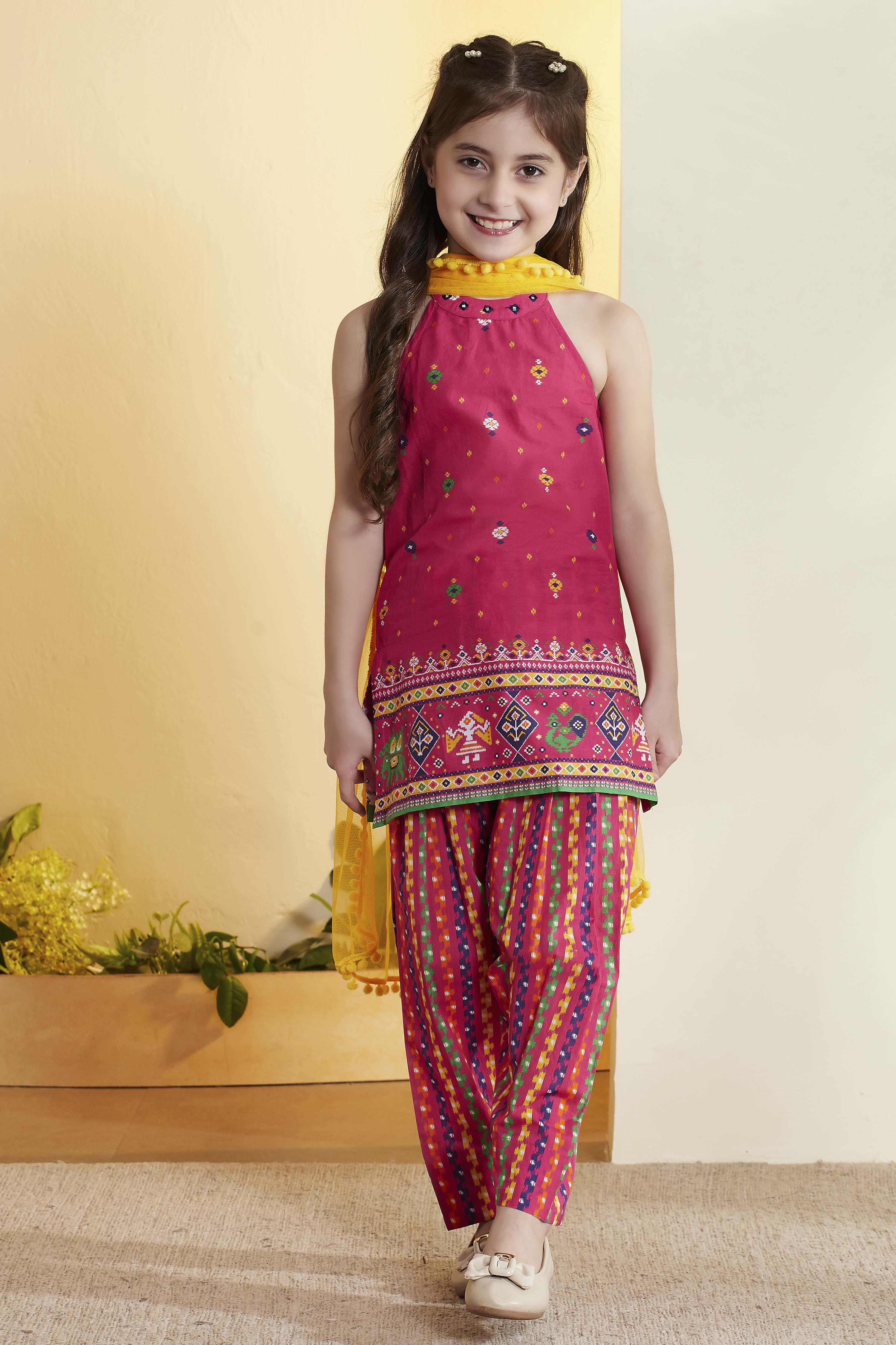 Pink Printed Straight Cotton Kurta Set image number 6