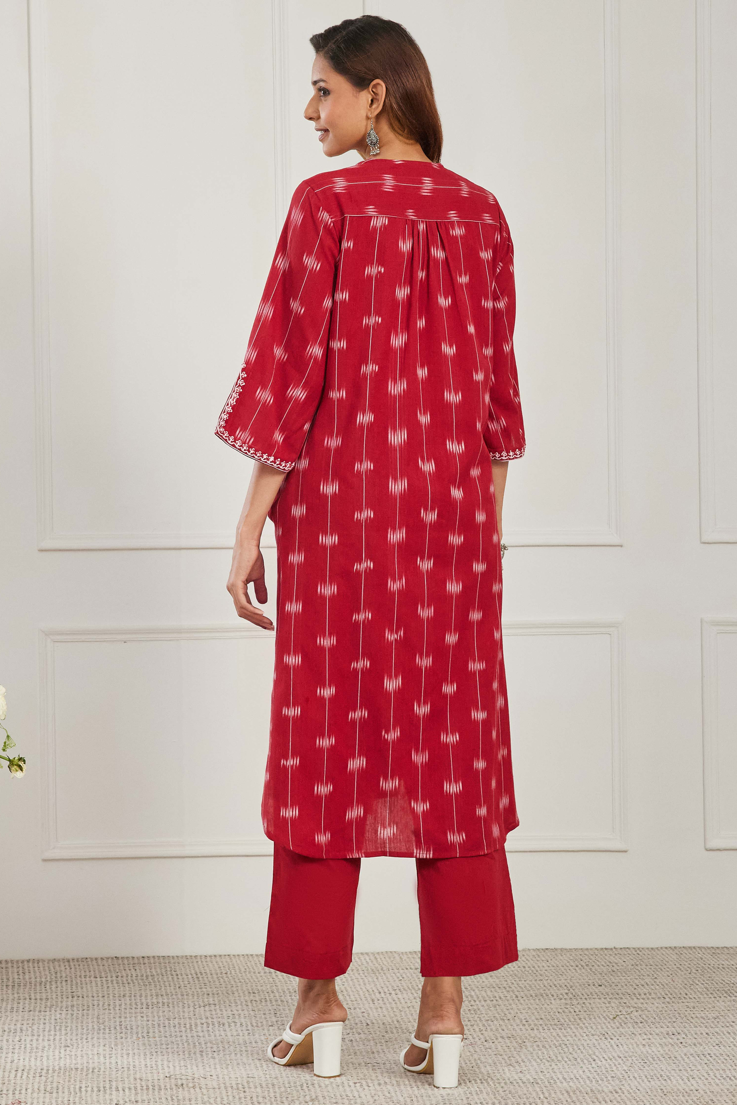 Red Cotton Printed Embroidered A-Line Kurta Set image number 4