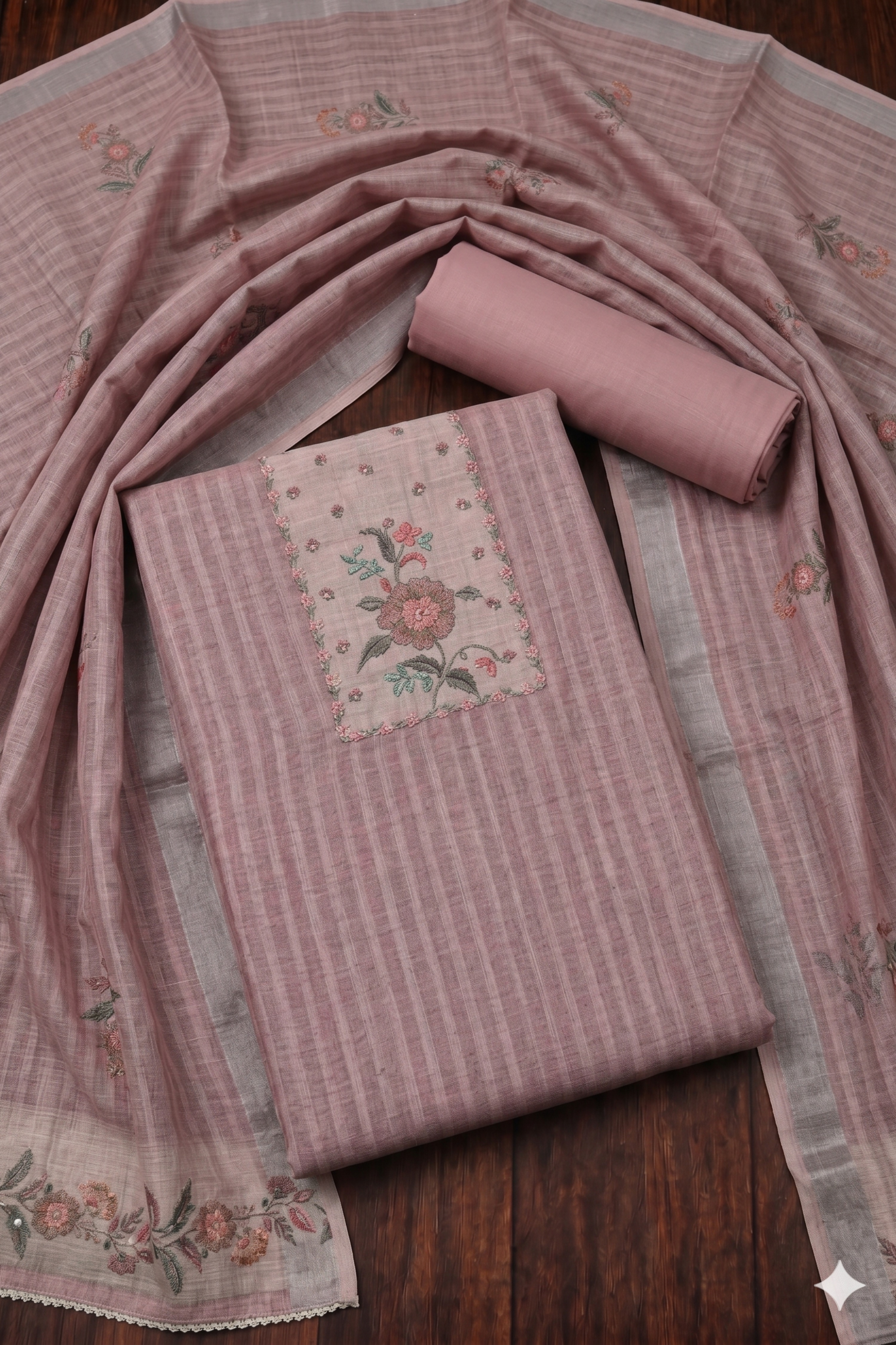 Blue Linen Stripe With Handwork Unstitched Suit Set image number 0