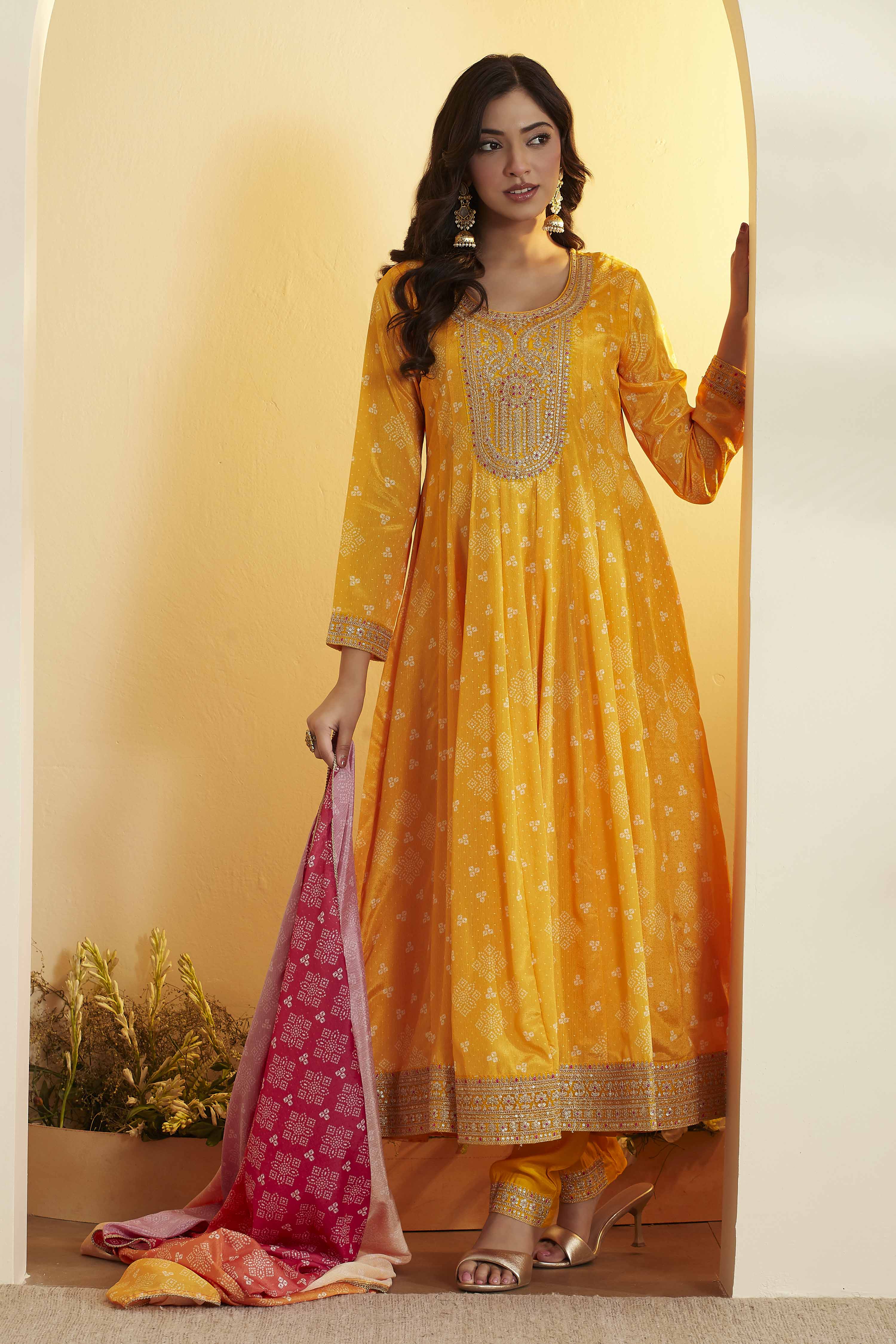 Yellow Poly Chinnon Anarkali Suit Set image number 0