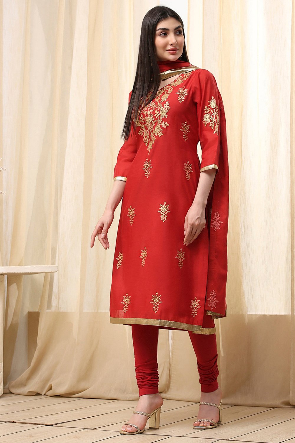 Blue Poly Chanderi Fitted Suit Set image number 3
