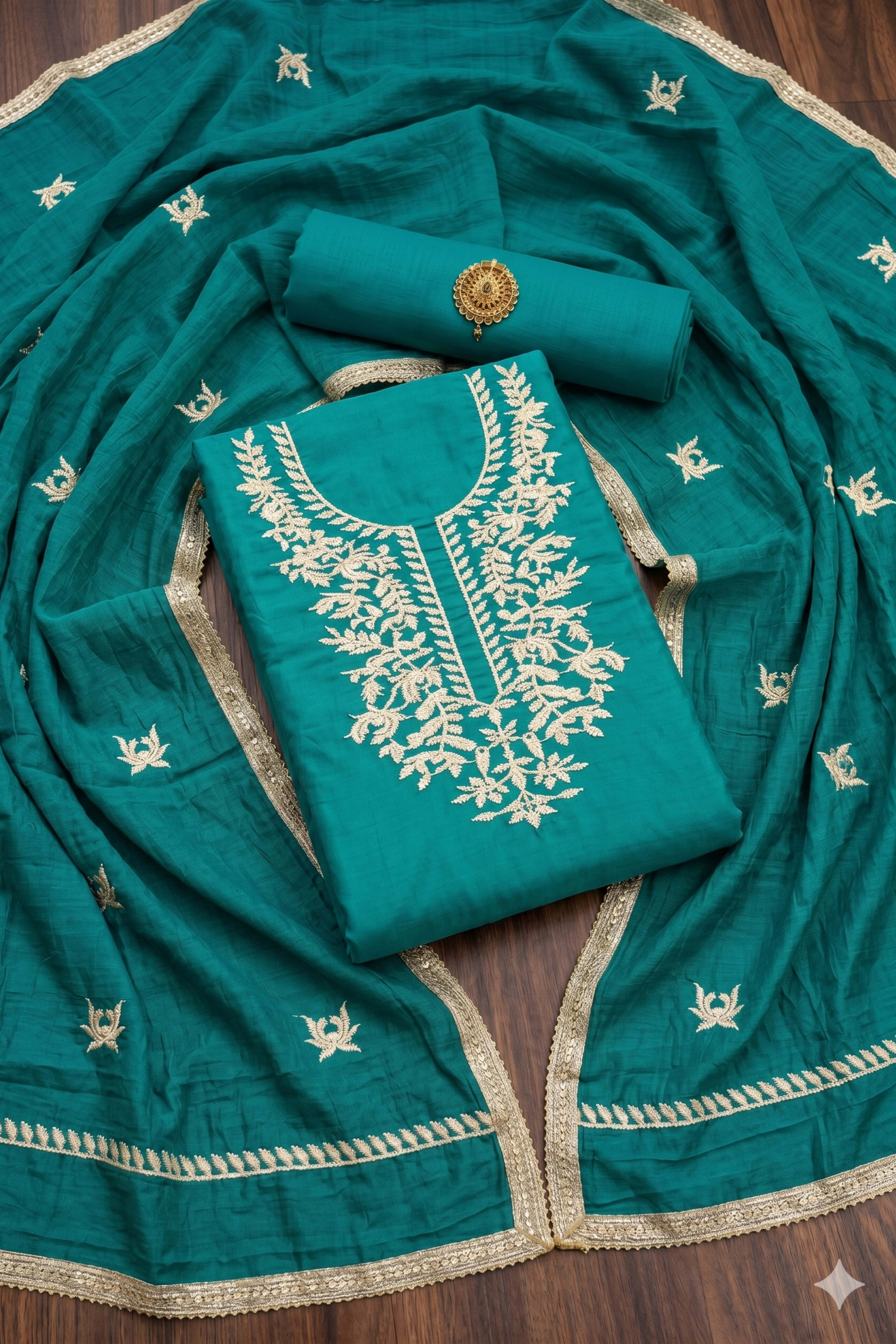 Wine Chanderi Thread Work Unstitched Suit Set image number 1