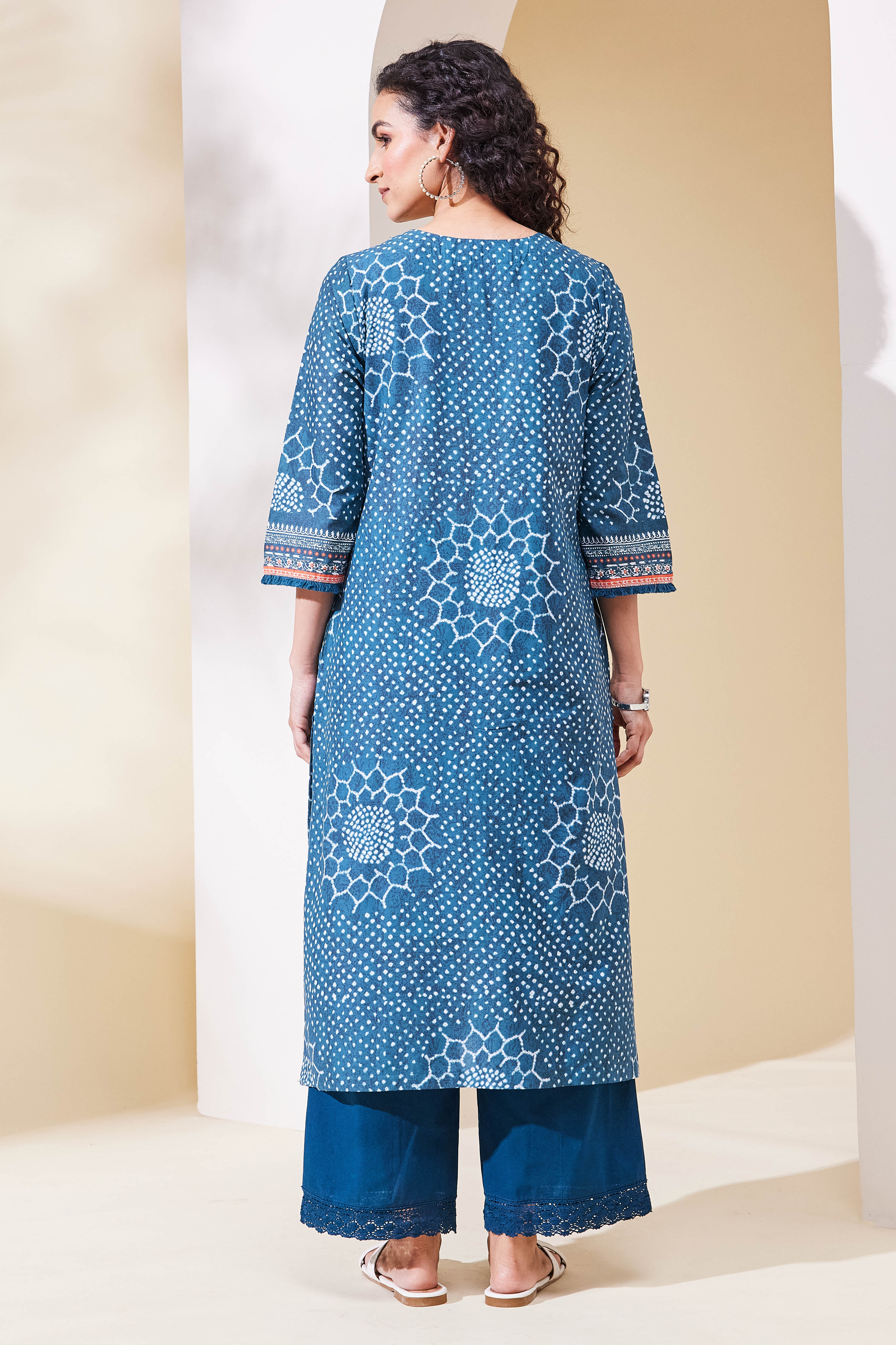 Teal Cotton Straight Kurta image number 3