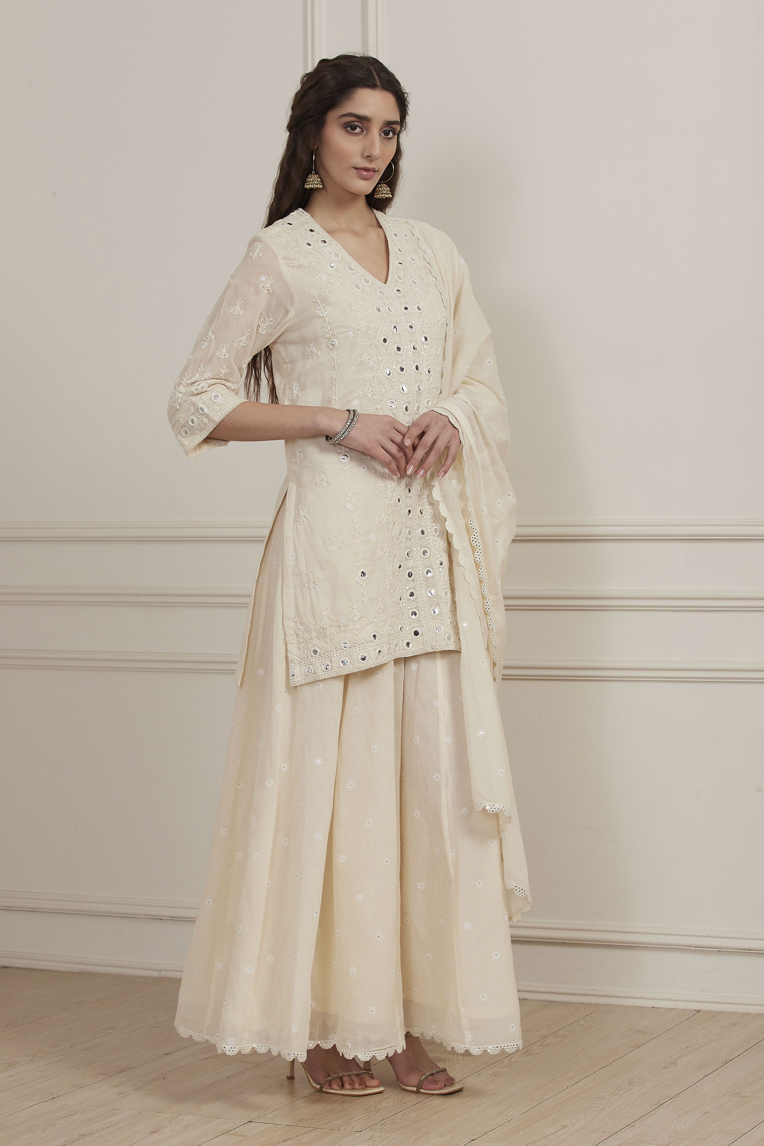 Ecru Cotton Embroidered Straight Sharara Suit Set image number 5