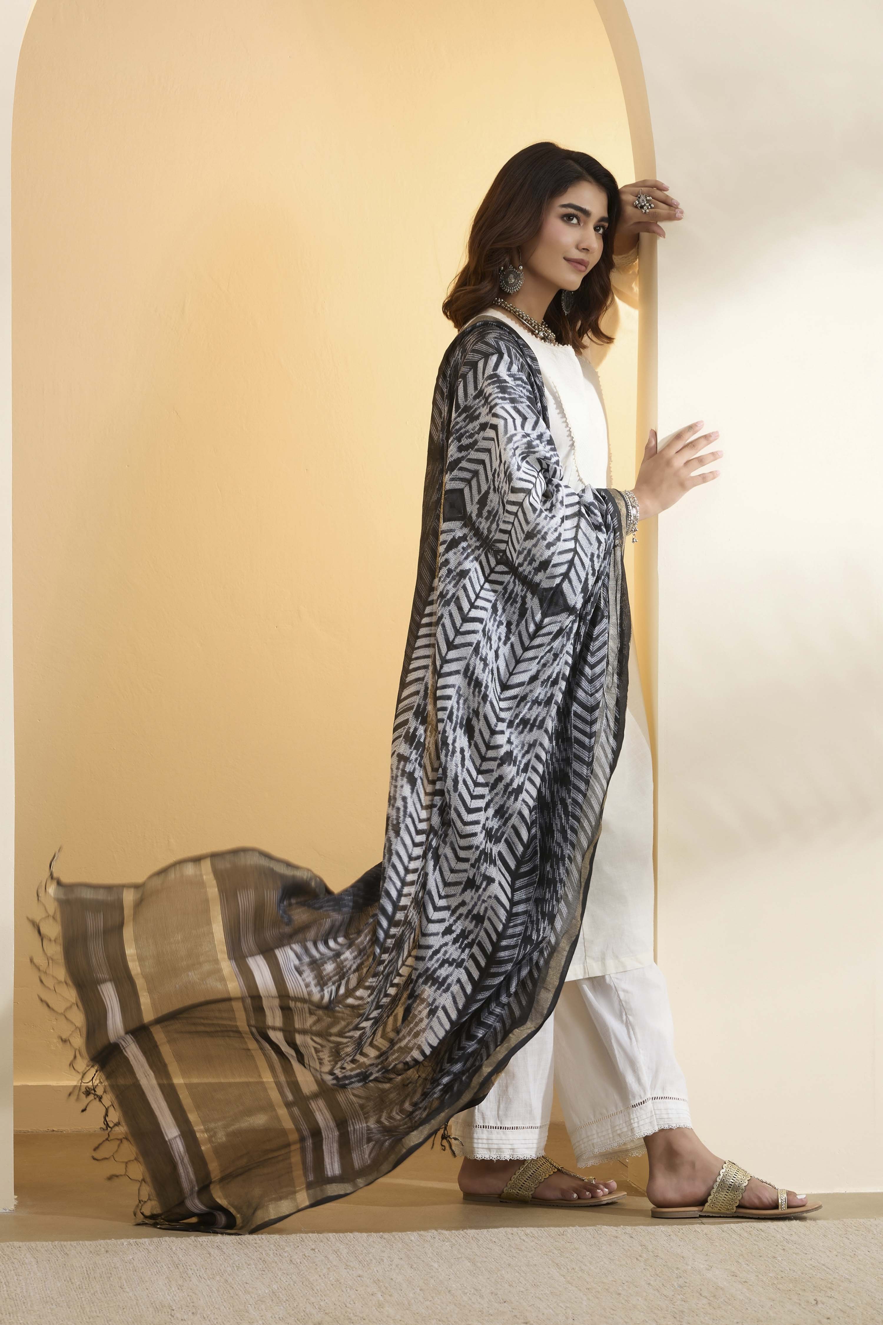 White & Black Chanderi Ajrakh Dupatta image number 0