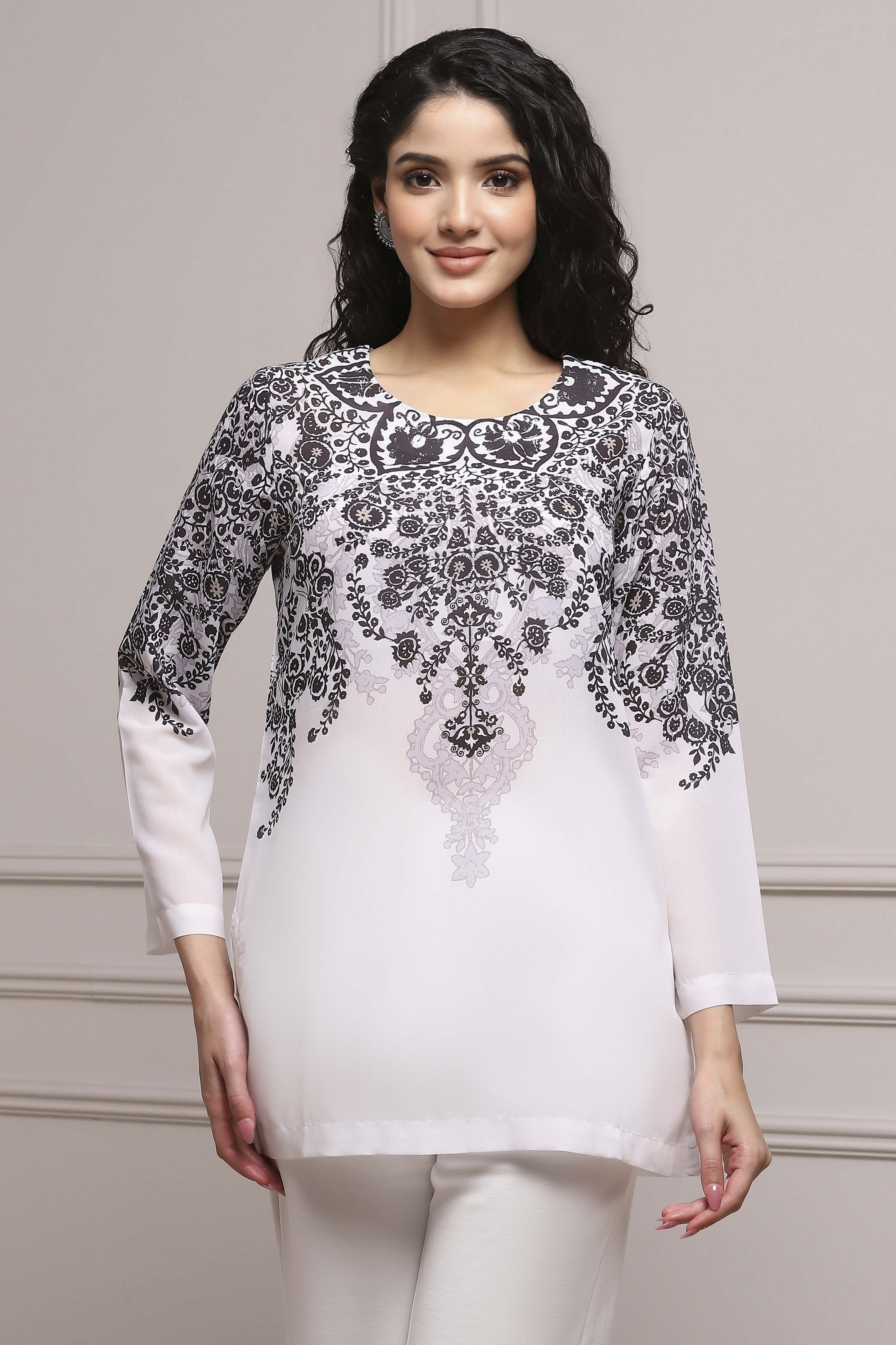 Black and White Art Silk Printed Straight Short Kurta image number 5