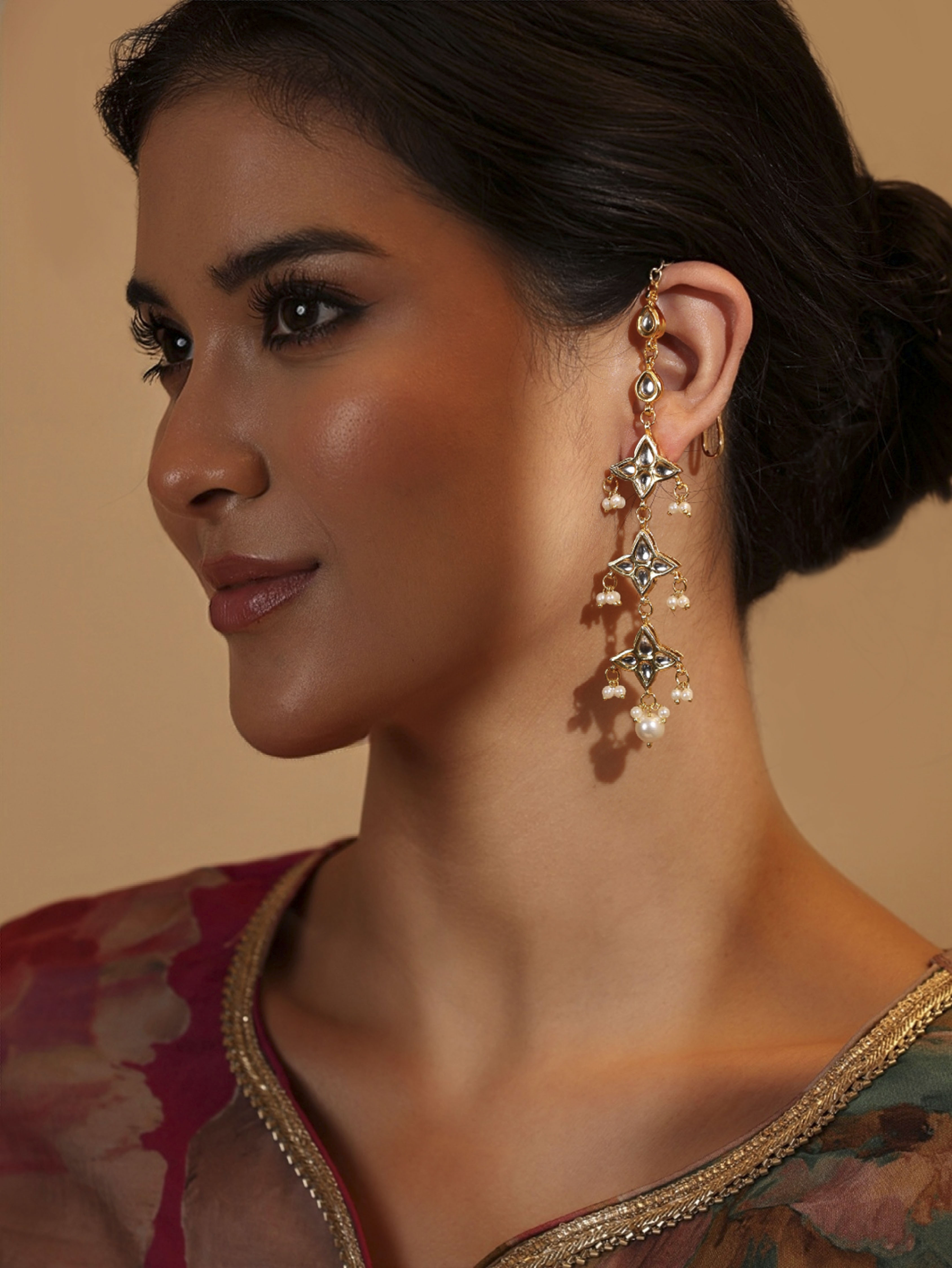 Gold Plated Brass Studded Kaanchain Earrings image number 1