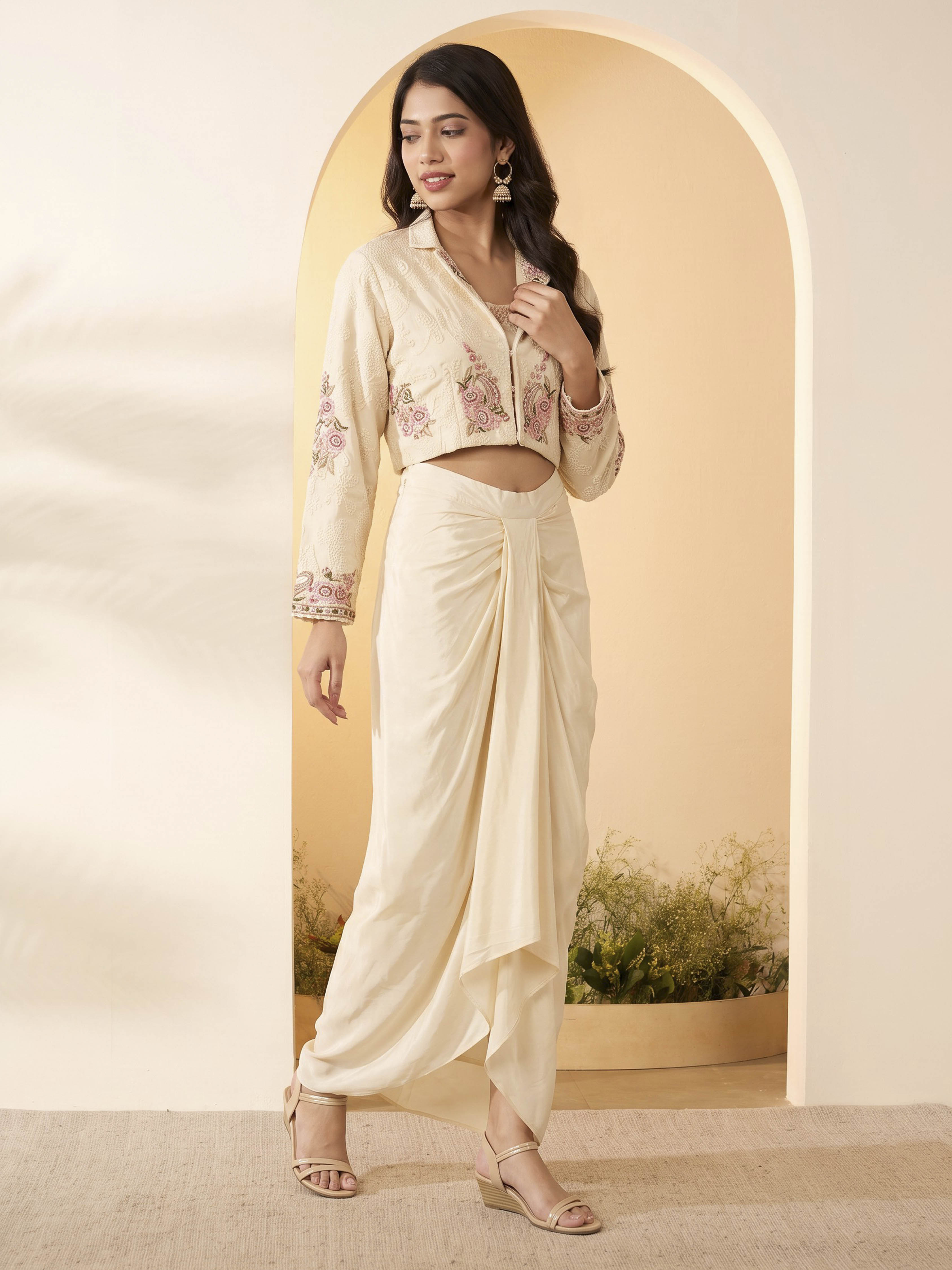 Ivory Viscose Rayon Embroidered Layered Fusion Set image number 3