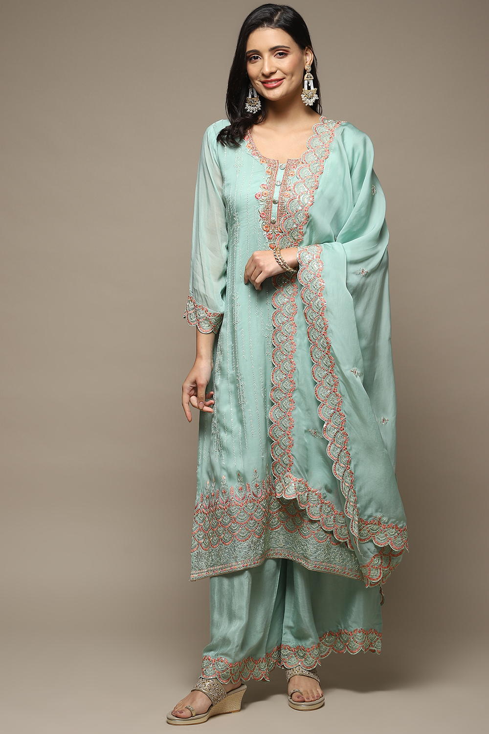 Turquoise Organza Machine Embroidered Unstitched Suit Set image number 8