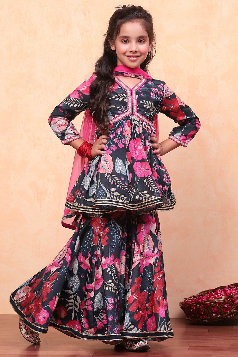 Blue Poly Chinnon Floral Printed Gathered Suit Set image number 6