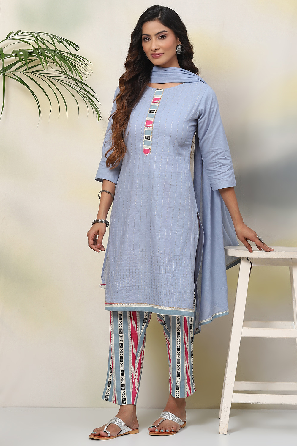 Blue Cotton Unstitched Dress Material Suit Set image number 0