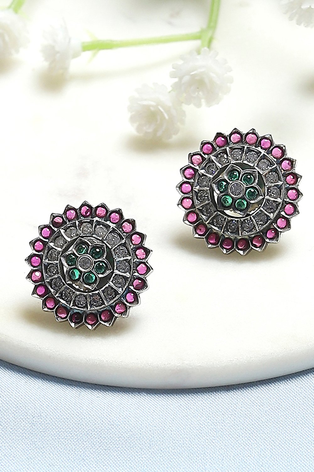 Pink and Green Oxidised Stone-Studded Studs image number 0