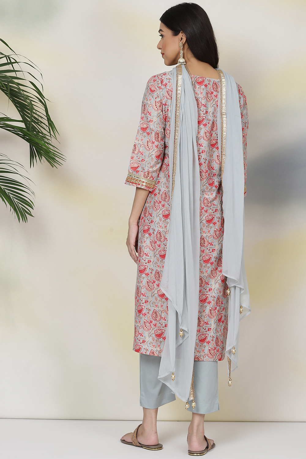 Tea Green Poly Metallic Straight Suit Set image number 7