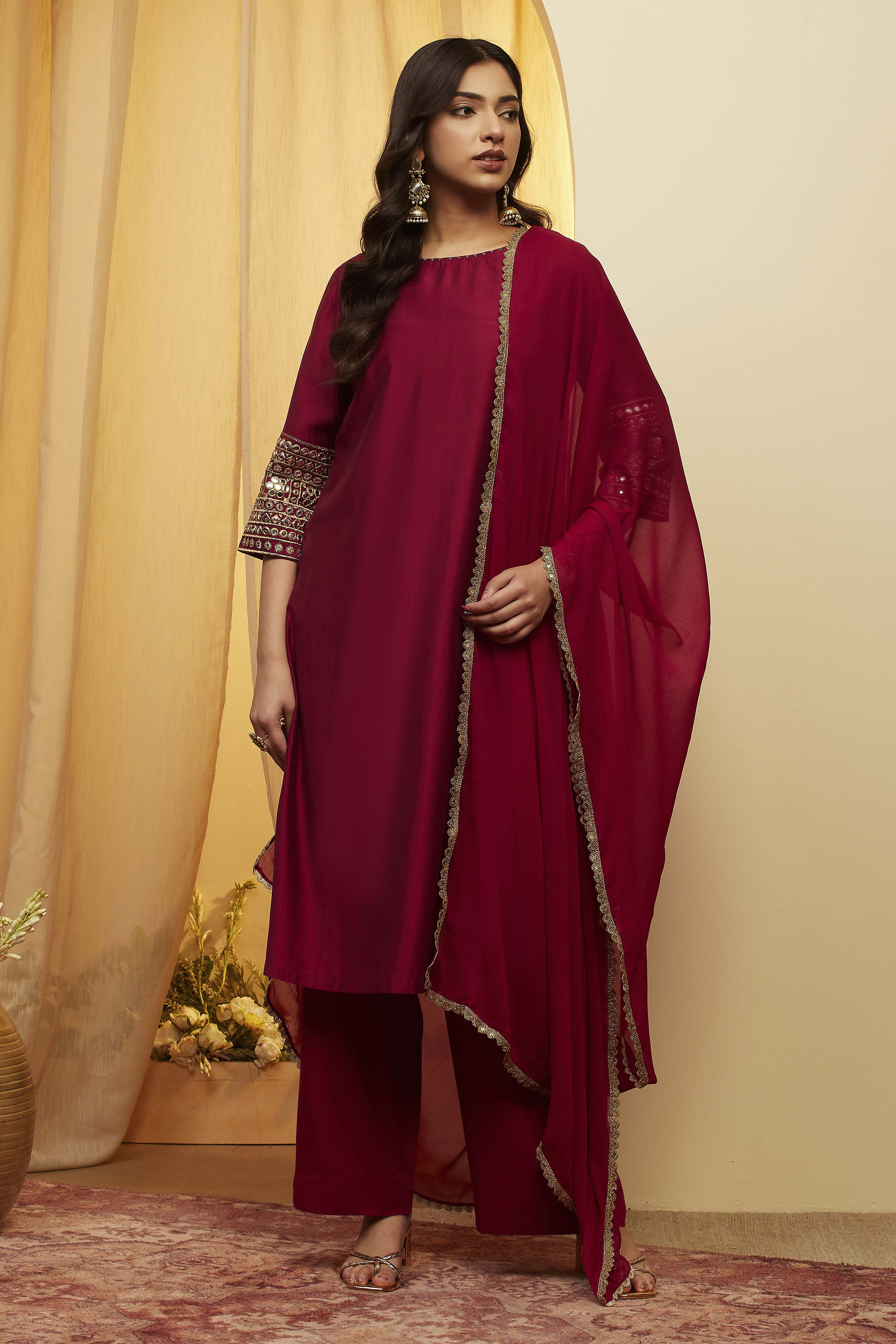 Wine Viscose Blend Straight Suit Set image number 5