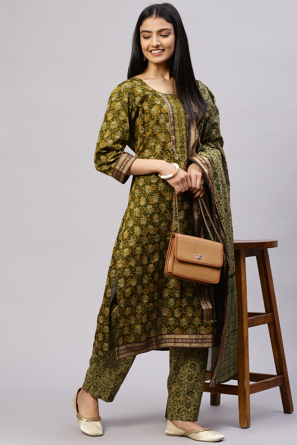 Olive Cotton Woven Unstitched Suit Set image number 7