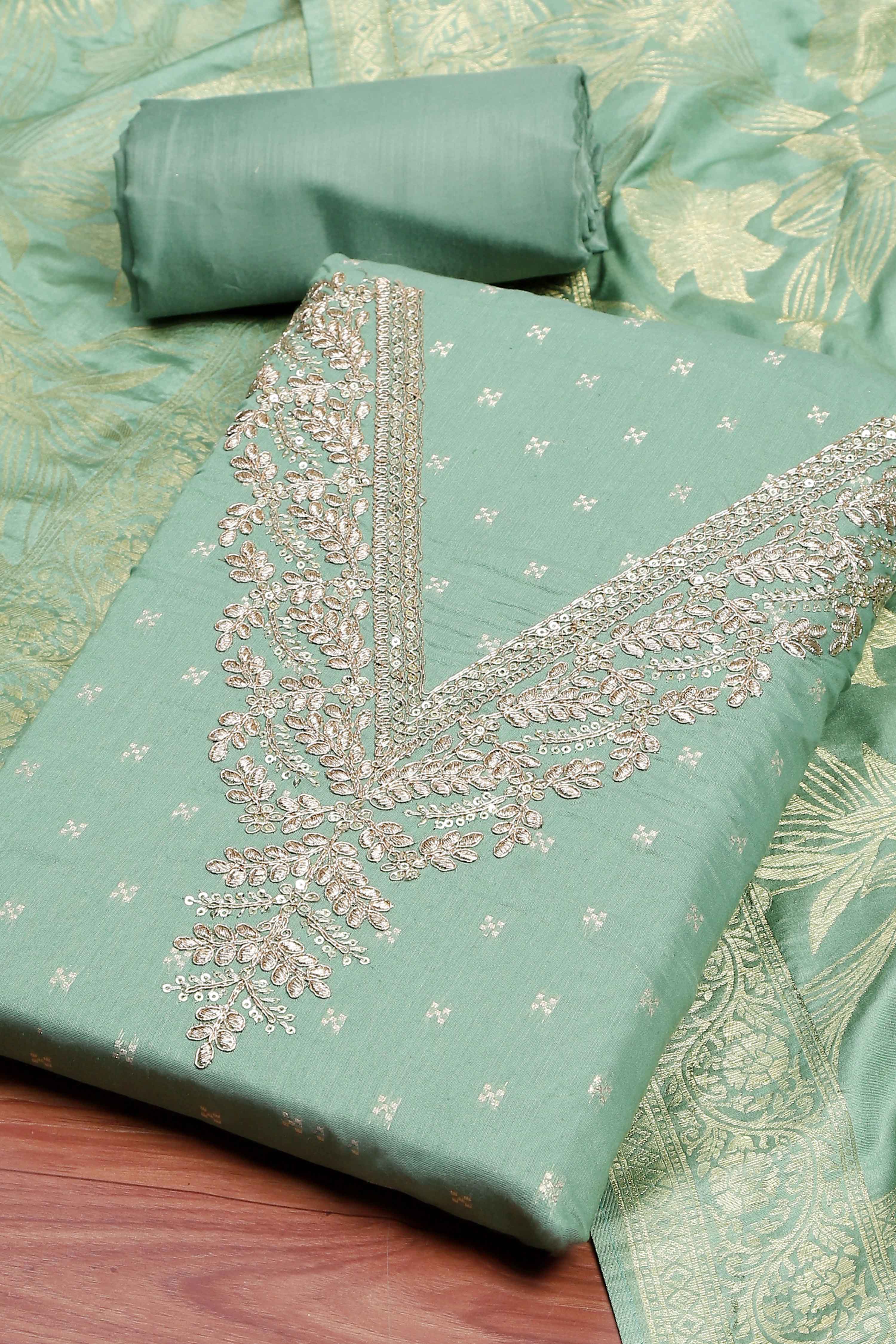 Green Georgette Embroidered Unstitched Suit Set image number 1