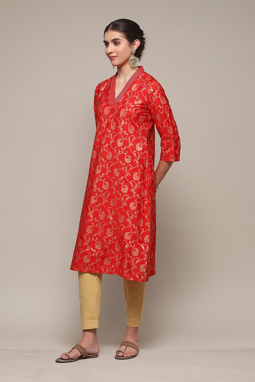 Red Poly Viscose Straight Printed Kurta image number 2
